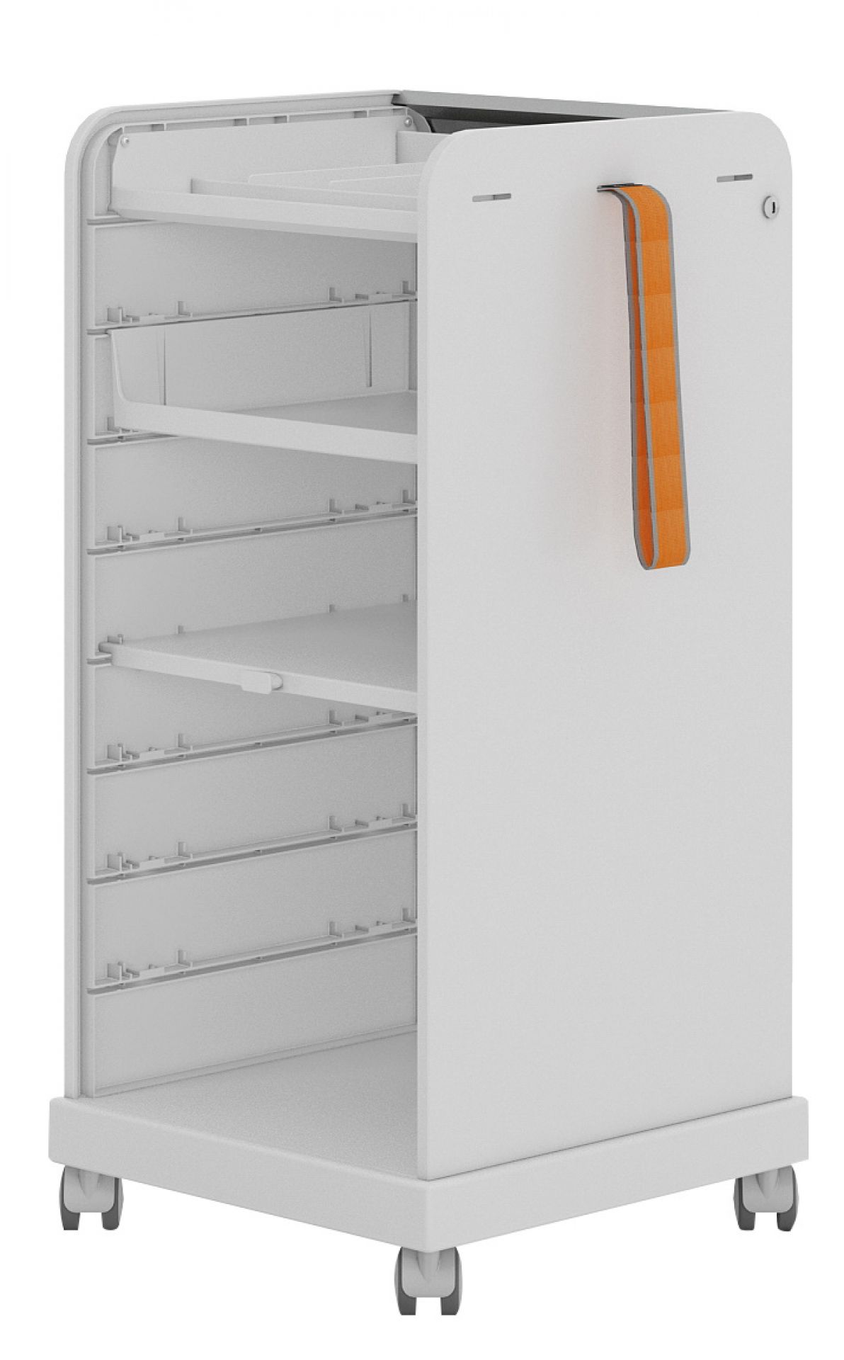 Weißer Vitra Rollcontainer "Follow Me" mit Auszügen und orangefarbenem Griff, geeignet für Büro und Homeoffice.