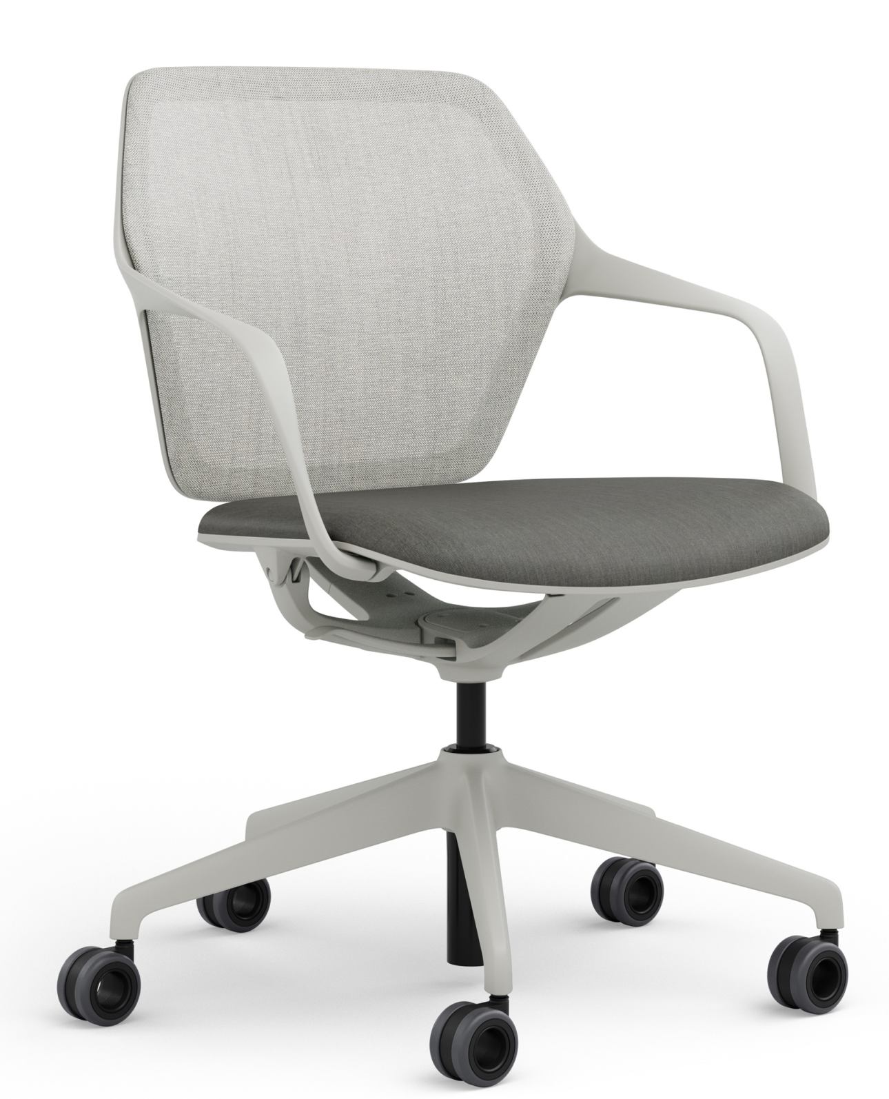 Ray Work Bürodrehstuhl von Brunner mit Armlehnen, grauem Sitz und Netzrücken, ergonomisch und modern.