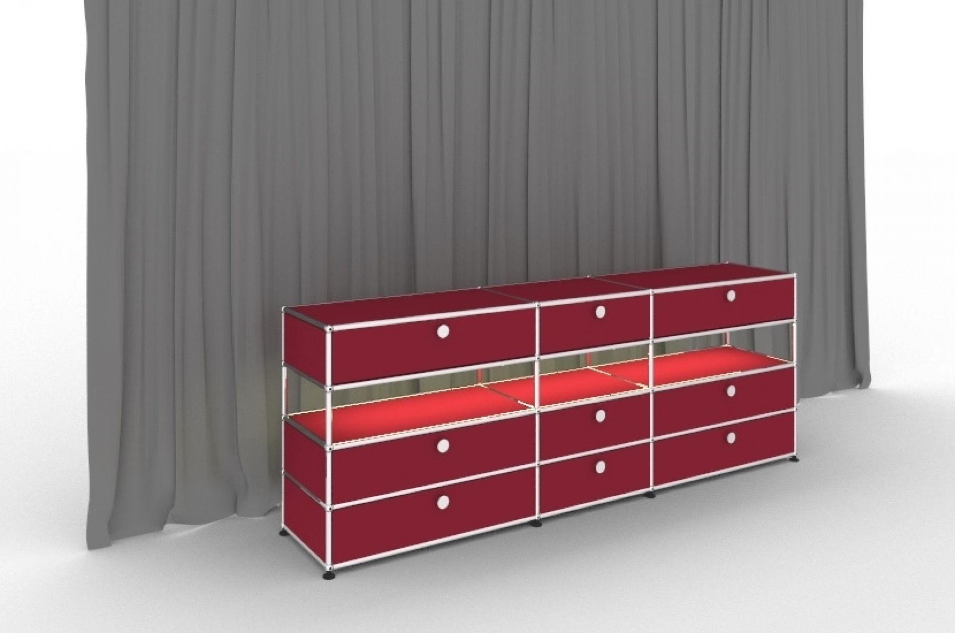 Rubinrotes USM Haller Sideboard mit 9 Schubladen und Beleuchtung, modernes Designmöbel für Wohnraum oder Büro.