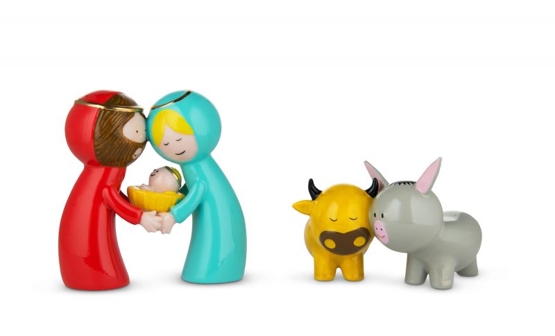 Alessi Happy Eternity Baby Krippenfiguren: Maria, Josef, Jesuskind, Ochs und Esel auf weißem Hintergrund.