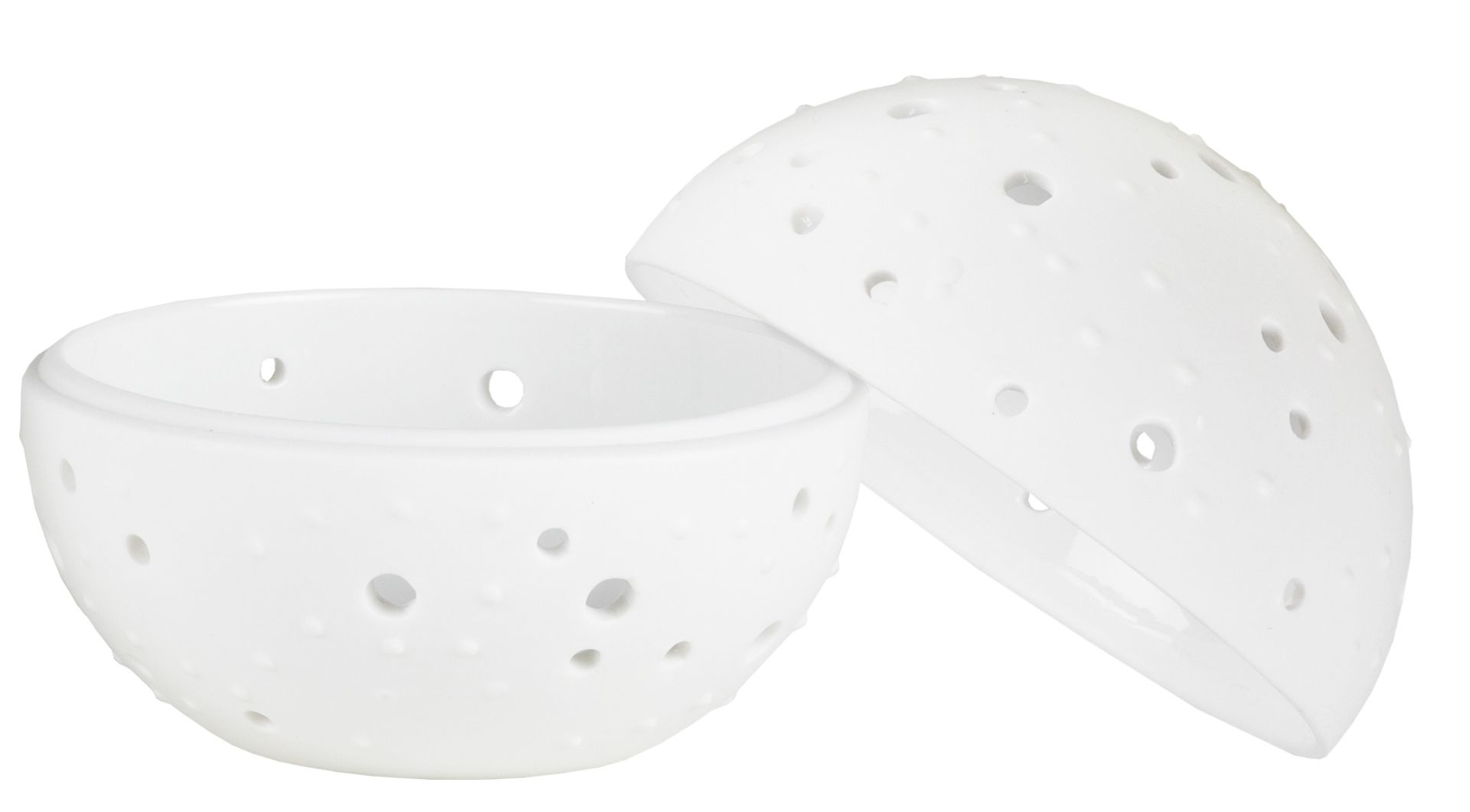 Weiße Living Wunderkugel mit Punktmuster und Rädern, ein dekoratives Einzelstück für Ihr Zuhause.