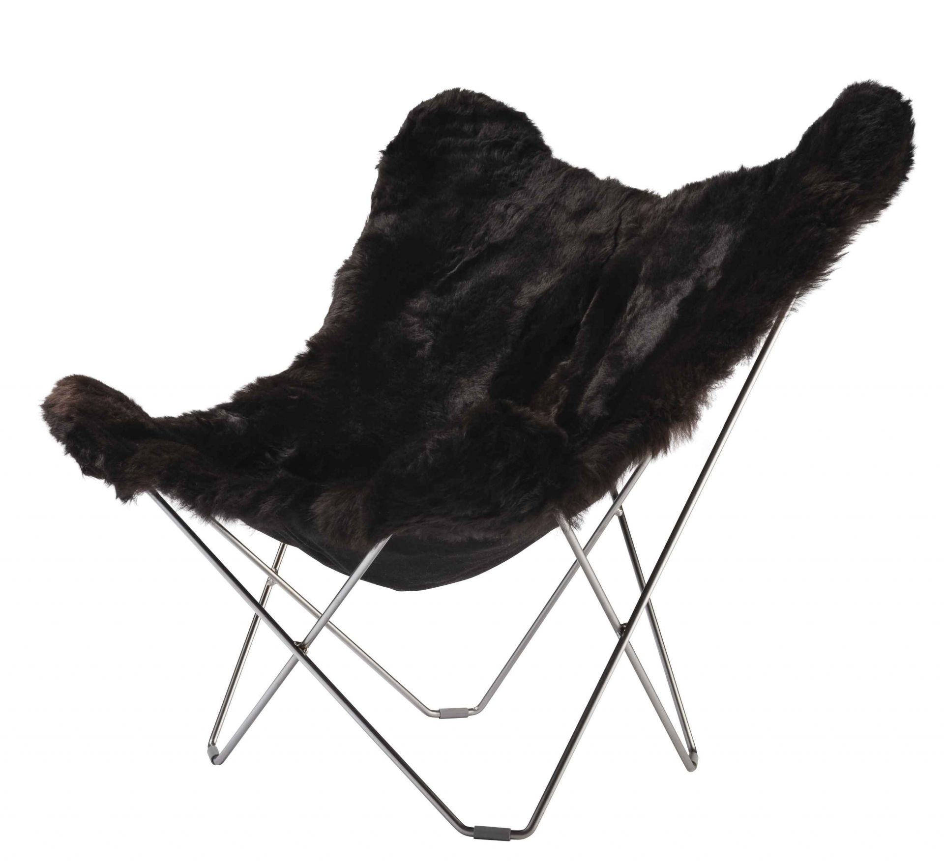 Schwarzer Iceland Mariposa Butterfly Chair Sessel mit Schaffellbezug und Chromgestell. Designermöbel für Wohnzimmer.