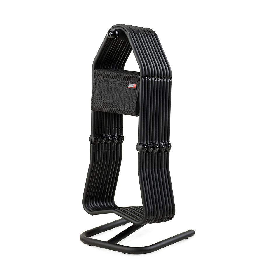 Schwarzes Chicago Klapphocker Set mit fünf Hockern im Bodenständer, platzsparende Sitzgelegenheit.