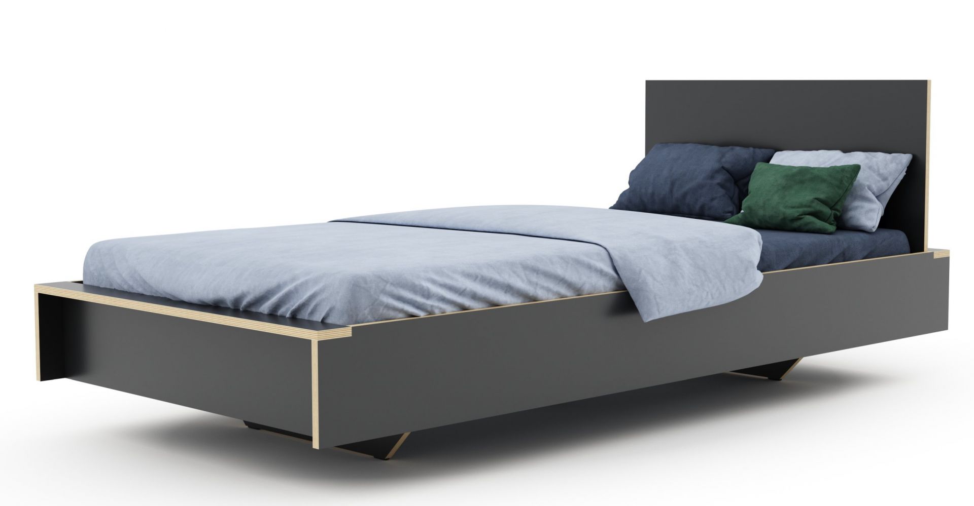 Anthrazitfarbenes Flai Bett von Müller Möbelwerkstätten mit Kopfteil und Bettwäsche. Modernes Design für Schlafzimmer.