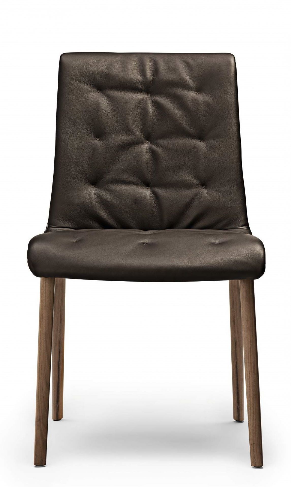 Liz Wood Stuhl mit braunem Lederbezug und Knopfheftung, Holzbeine, moderner Esszimmerstuhl.