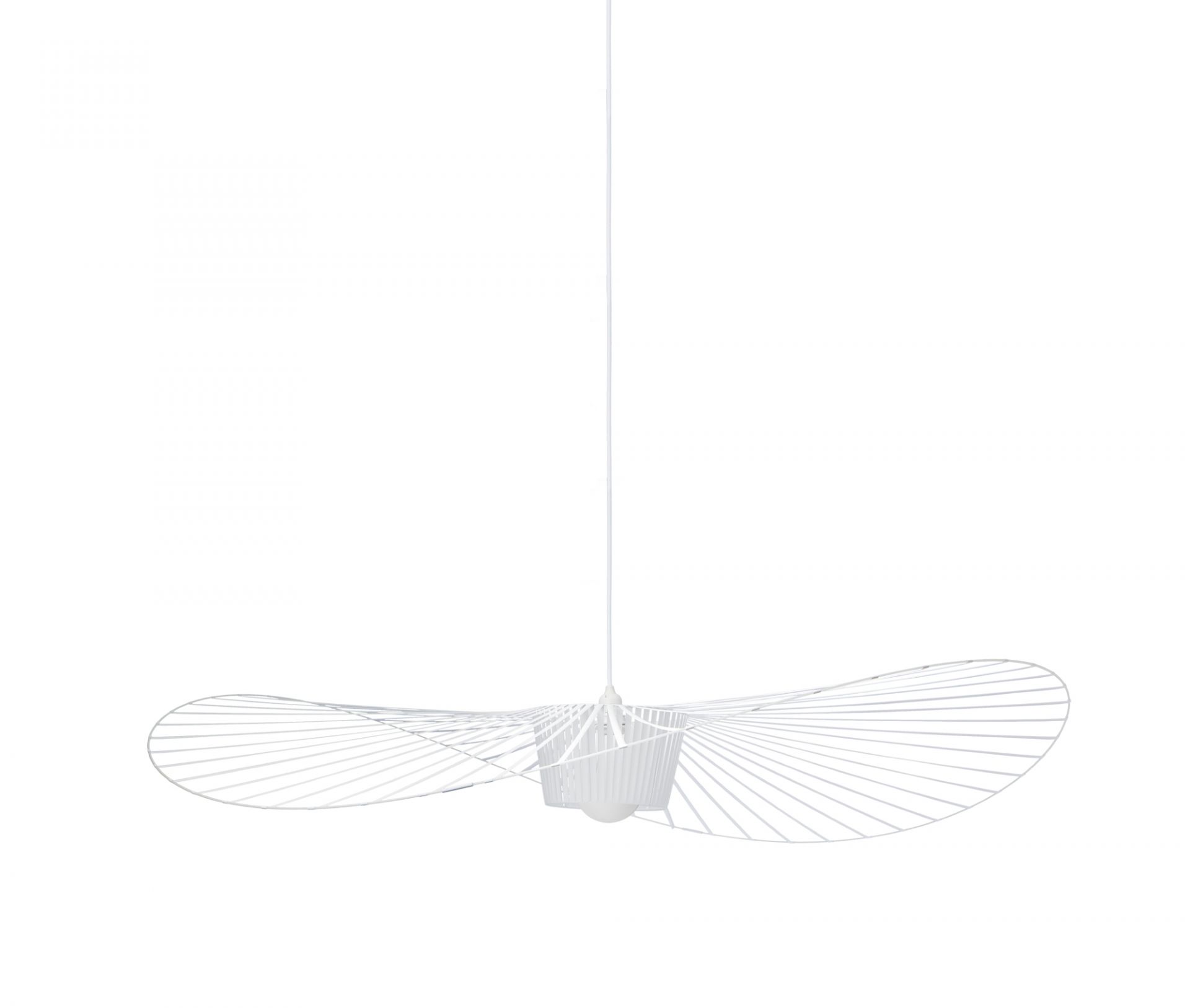 Weiße Vertigo Pendelleuchte von Petite Friture, Medium Größe, filigranes Design mit schirmartigen, gebogenen Metallstreben.