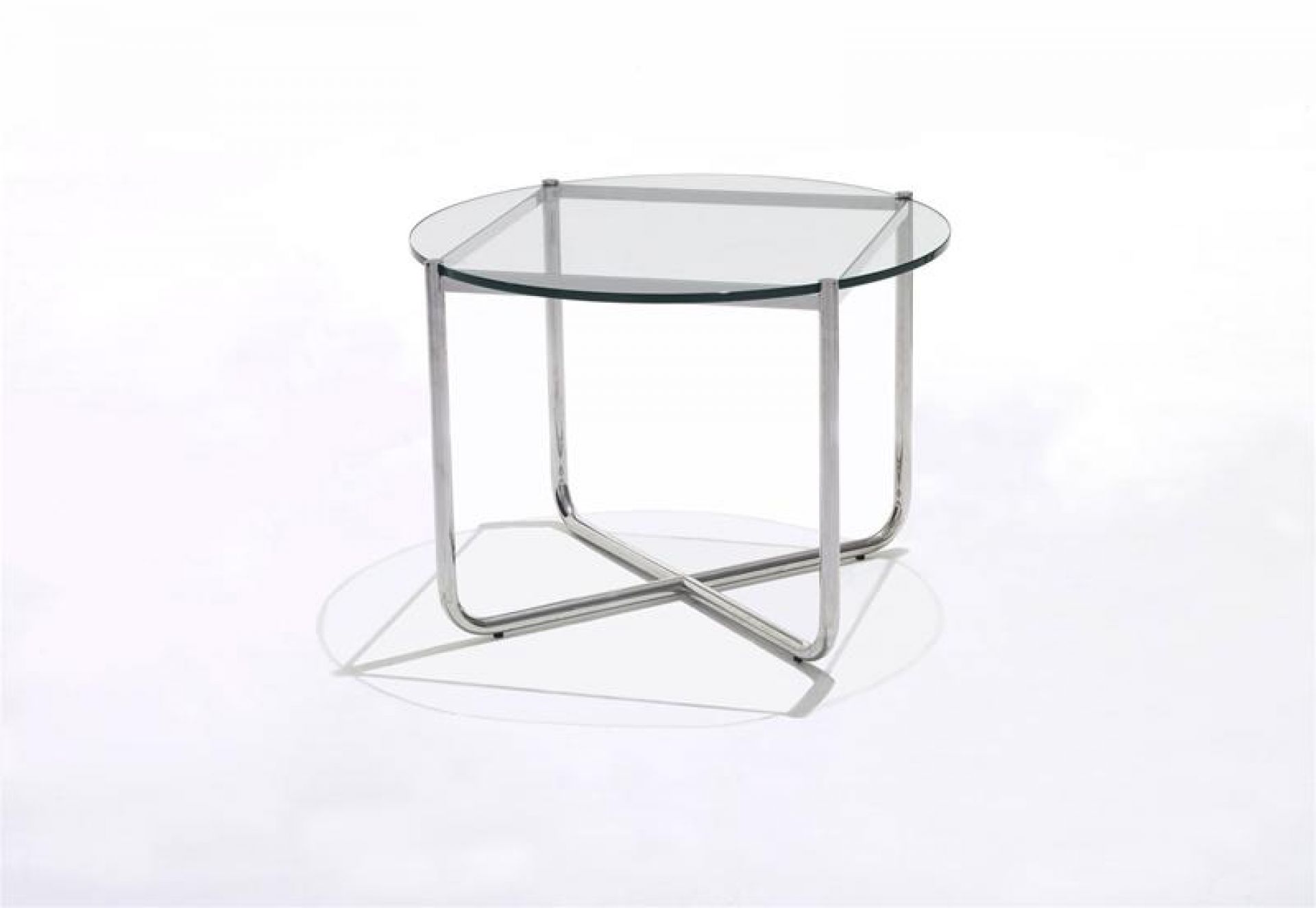 MR Couchtisch von Knoll International mit runder Glasplatte und verchromtem Stahlrohrgestell.