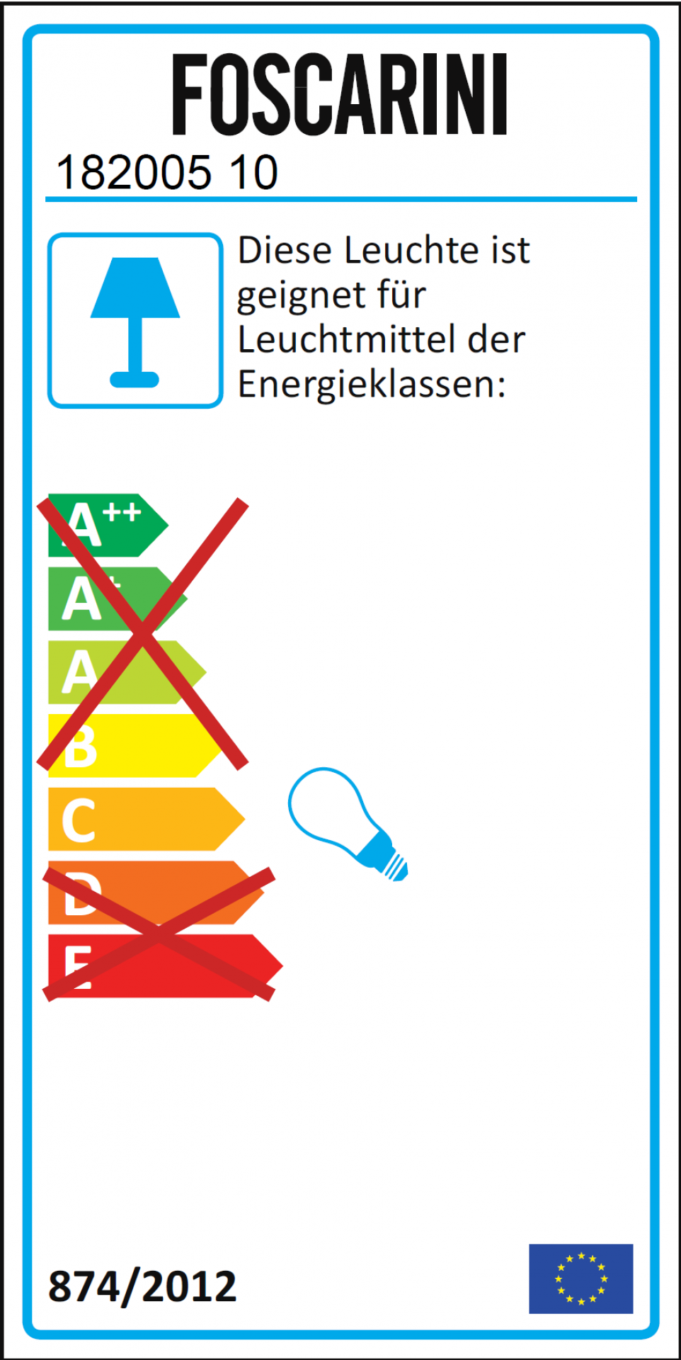 Energielabel für Foscarini Leuchte, zeigt Energieeffizienzklassen und Eignung für bestimmte Leuchtmittel.