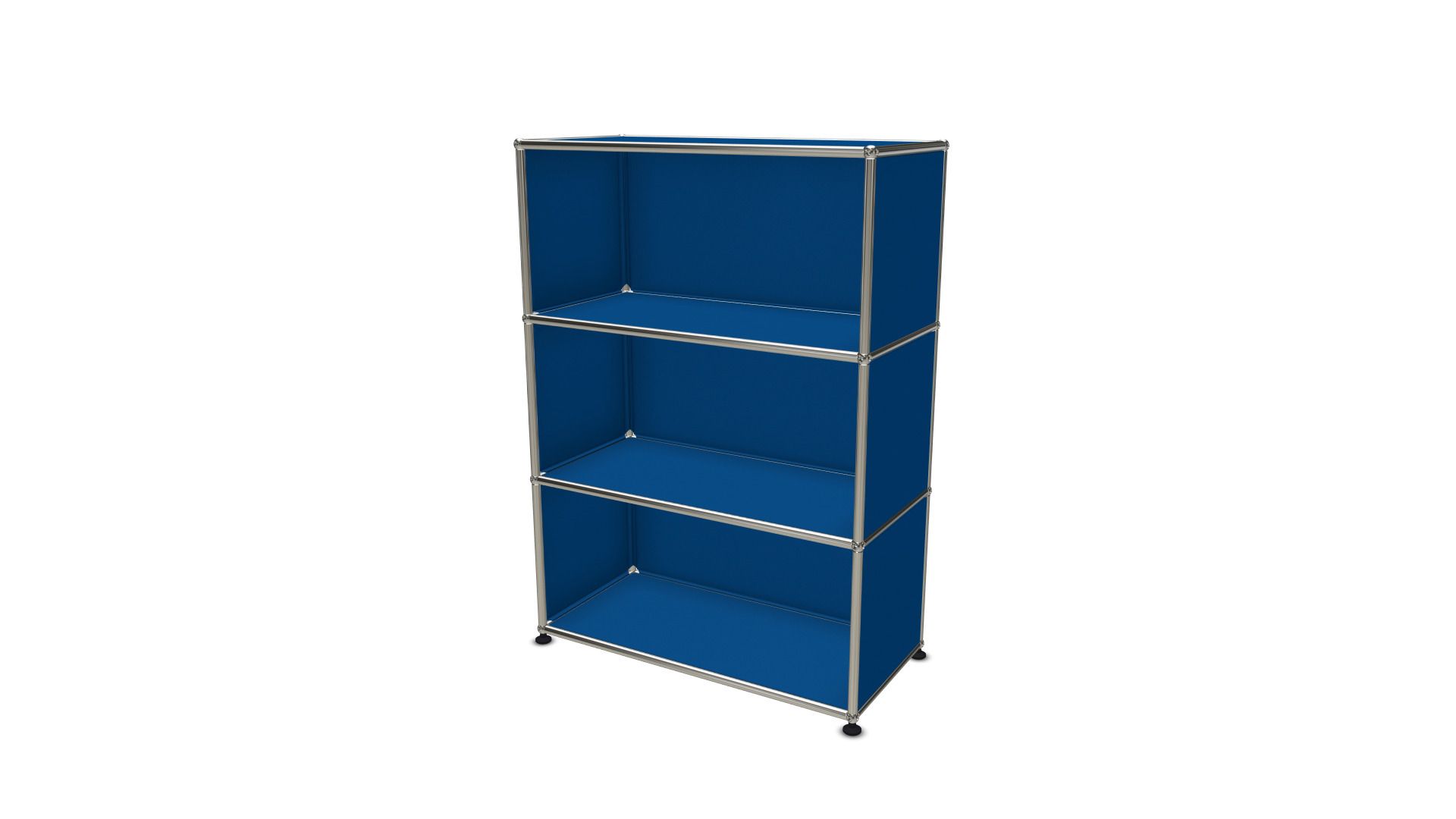 USM Haller Highboard in Enzianblau mit drei offenen Fächern und verchromtem Gestell für Wohnzimmer und Büro.
