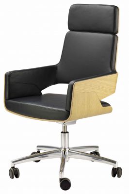 S 845 Thonet Drehsessel mit schwarzem Leder und hellem Holz, Bürostuhl auf Rollen.