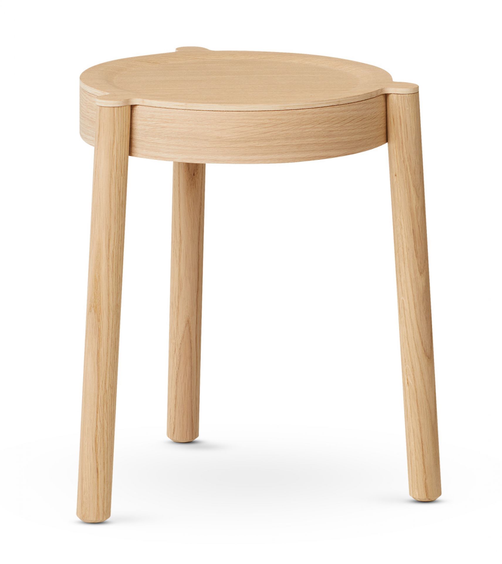 Pal Hocker Northern: Stapelbarer Hocker aus hellem Holz mit drei Beinen für Wohnzimmer und Küche.