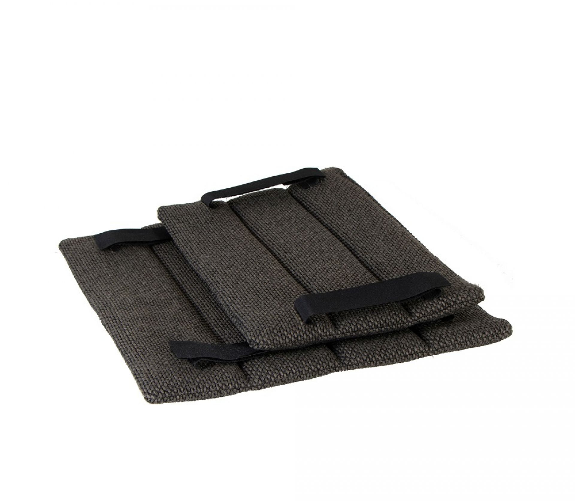 Dunkelgraues Sitzkissen und Rückenkissen für Cane-Line Flip Outdoor Stuhl mit schwarzen Befestigungsbändern.