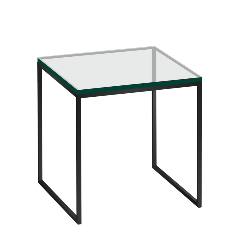 Less H 22/2 Couchtisch von Hans Hansen mit quadratischer Glasplatte und schwarzem Metallgestell.