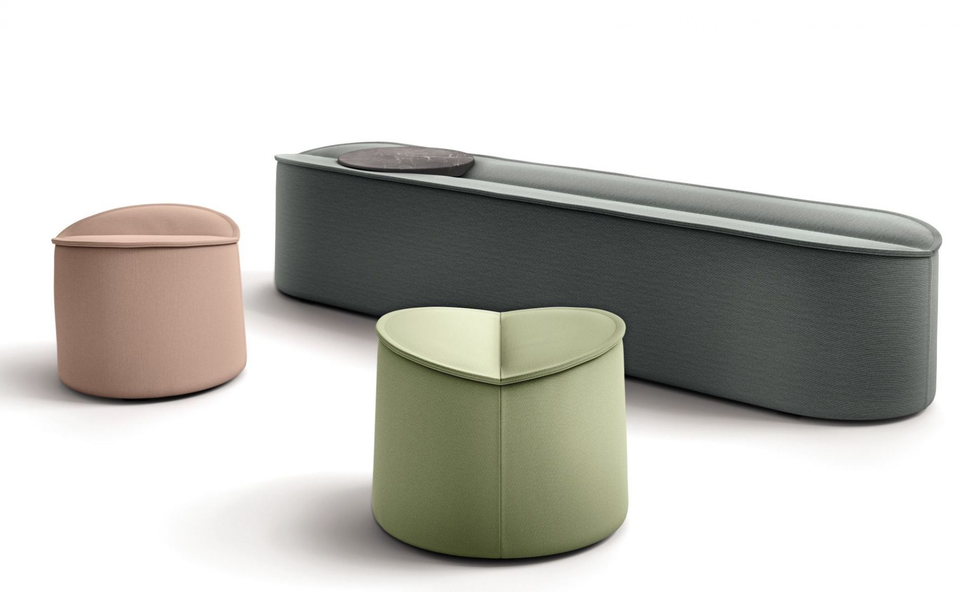 Nenou Bank Cor: Graue Bank mit zwei farbigen Hockern, modernes Design für Wohnzimmer und Büro.