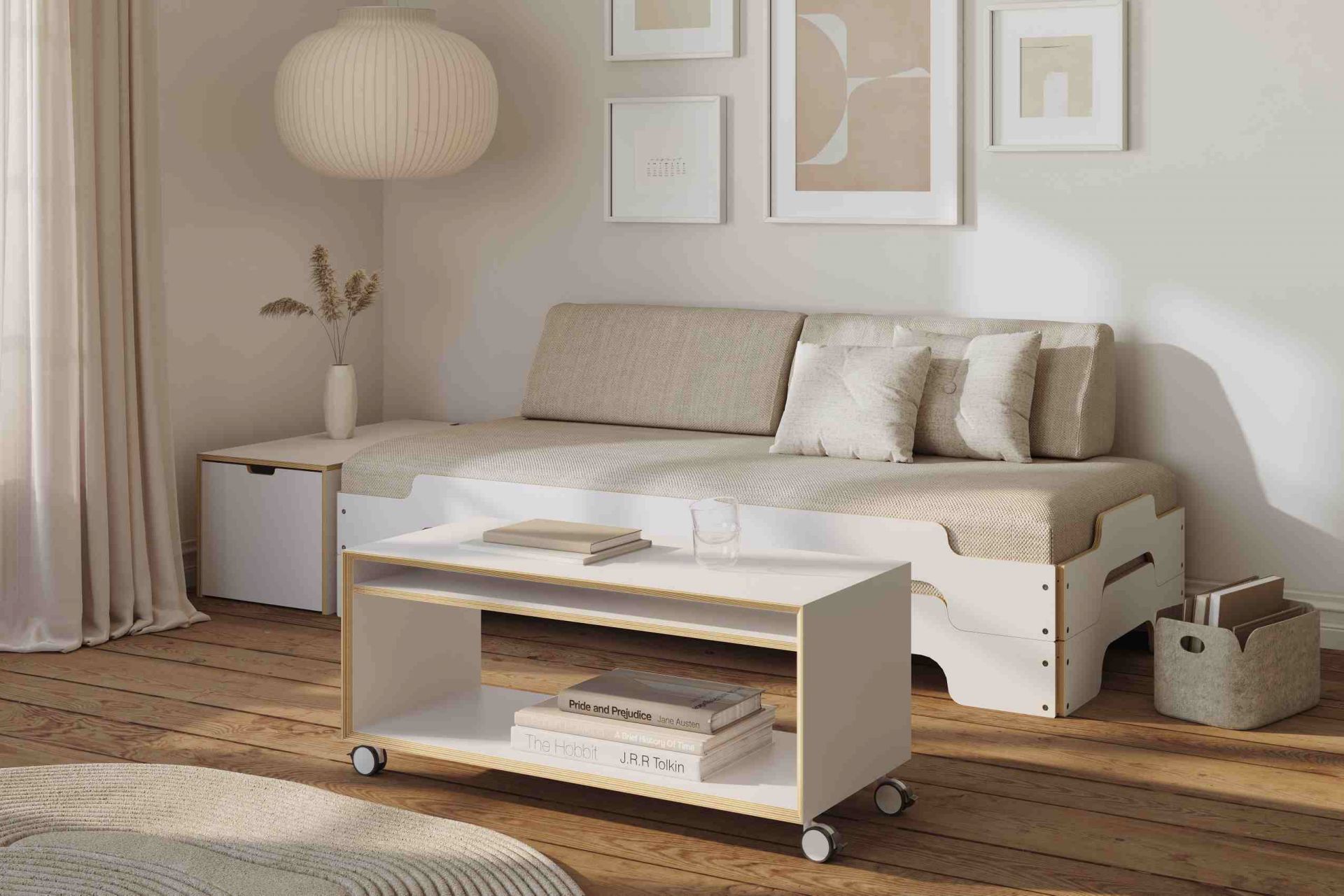 Vertiko Loop Beistelltisch von Müller Möbelwerkstätten im Wohnzimmer mit Sofa und Holzboden.