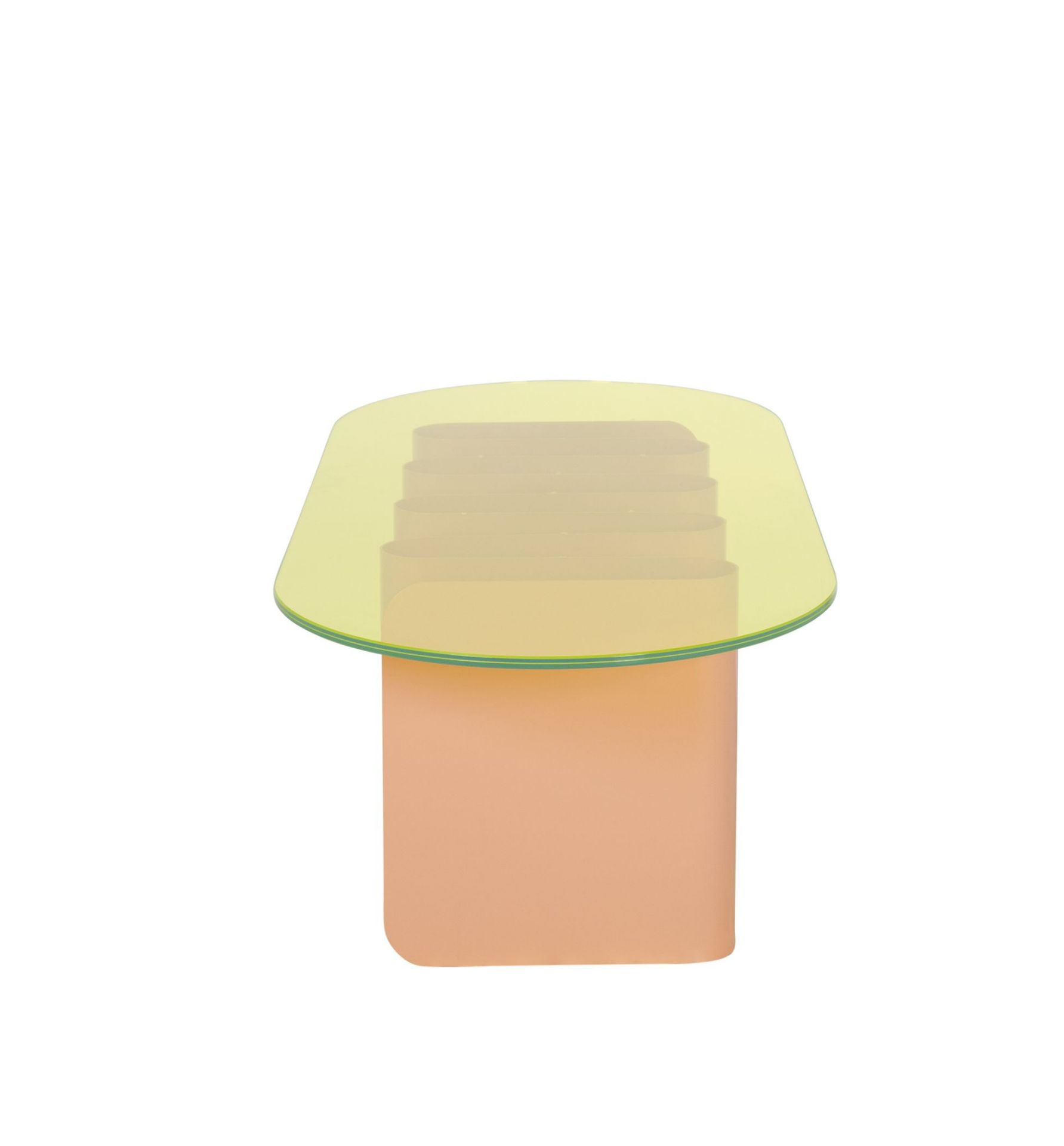 Tavolino2 Beistelltisch Pulpo mit gelber Glasplatte und pfirsichfarbenem Sockel, moderne Möbel für Wohnzimmer.