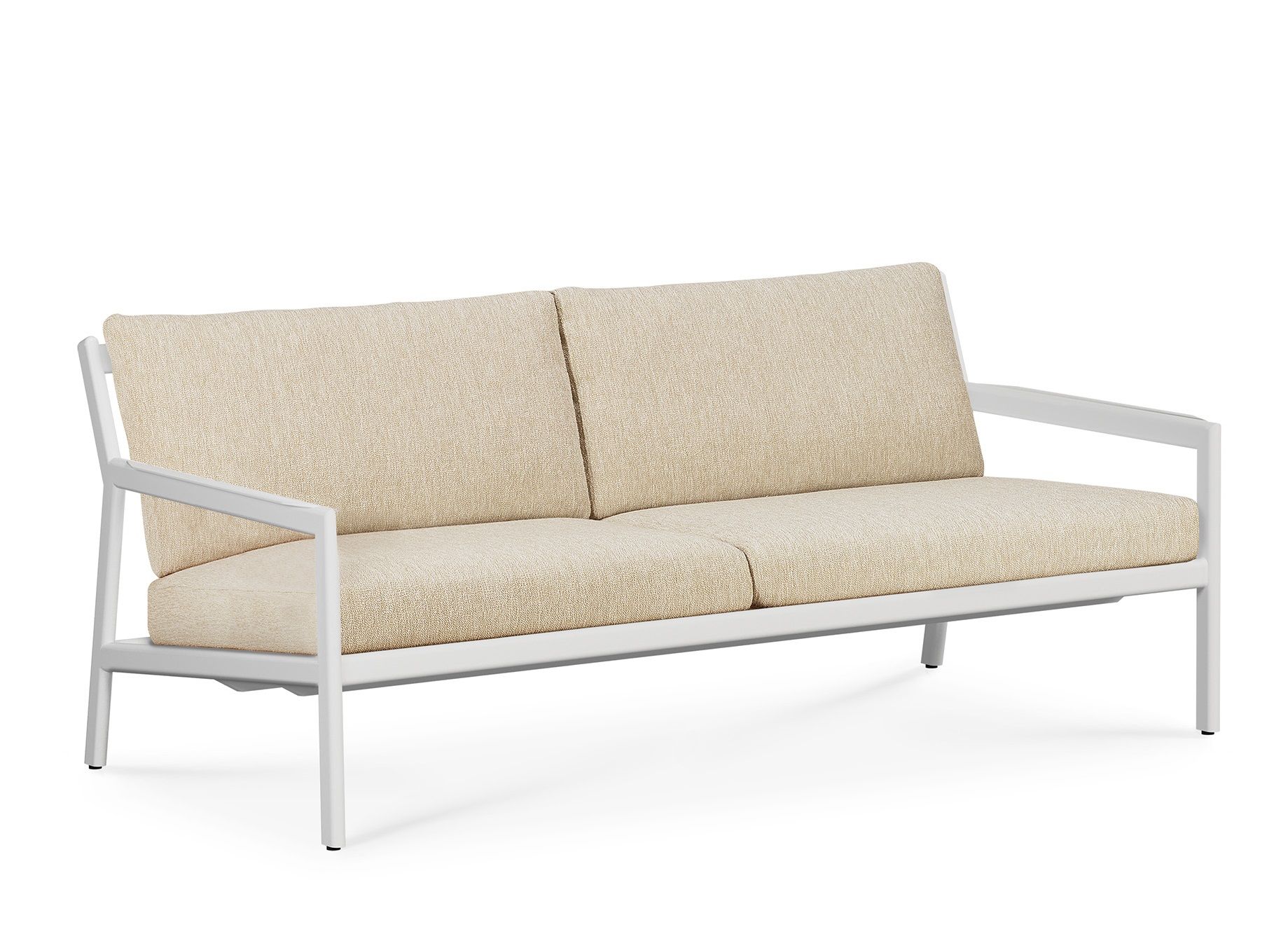 Jack Outdoor Sofa von Ethnicraft, 2-Sitzer, Aluminium weiß mit beigen Polstern.