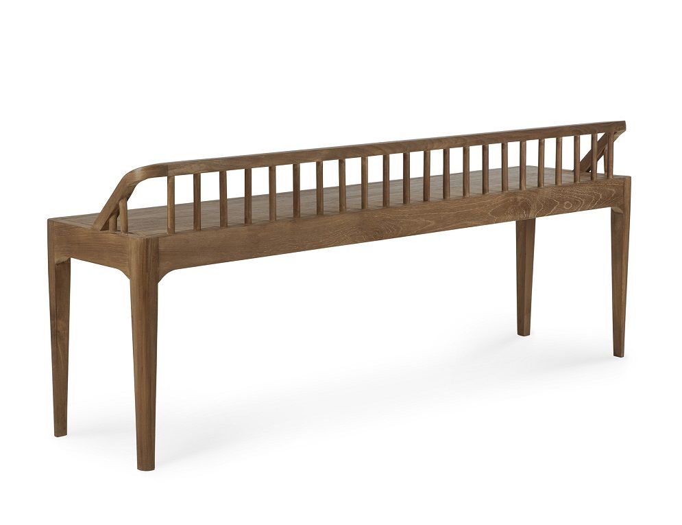 Ethnicraft Teak Bank mit Spindel-Design, natürliche Holzfarbe, minimalistisches Design für Flur oder Wohnbereich.