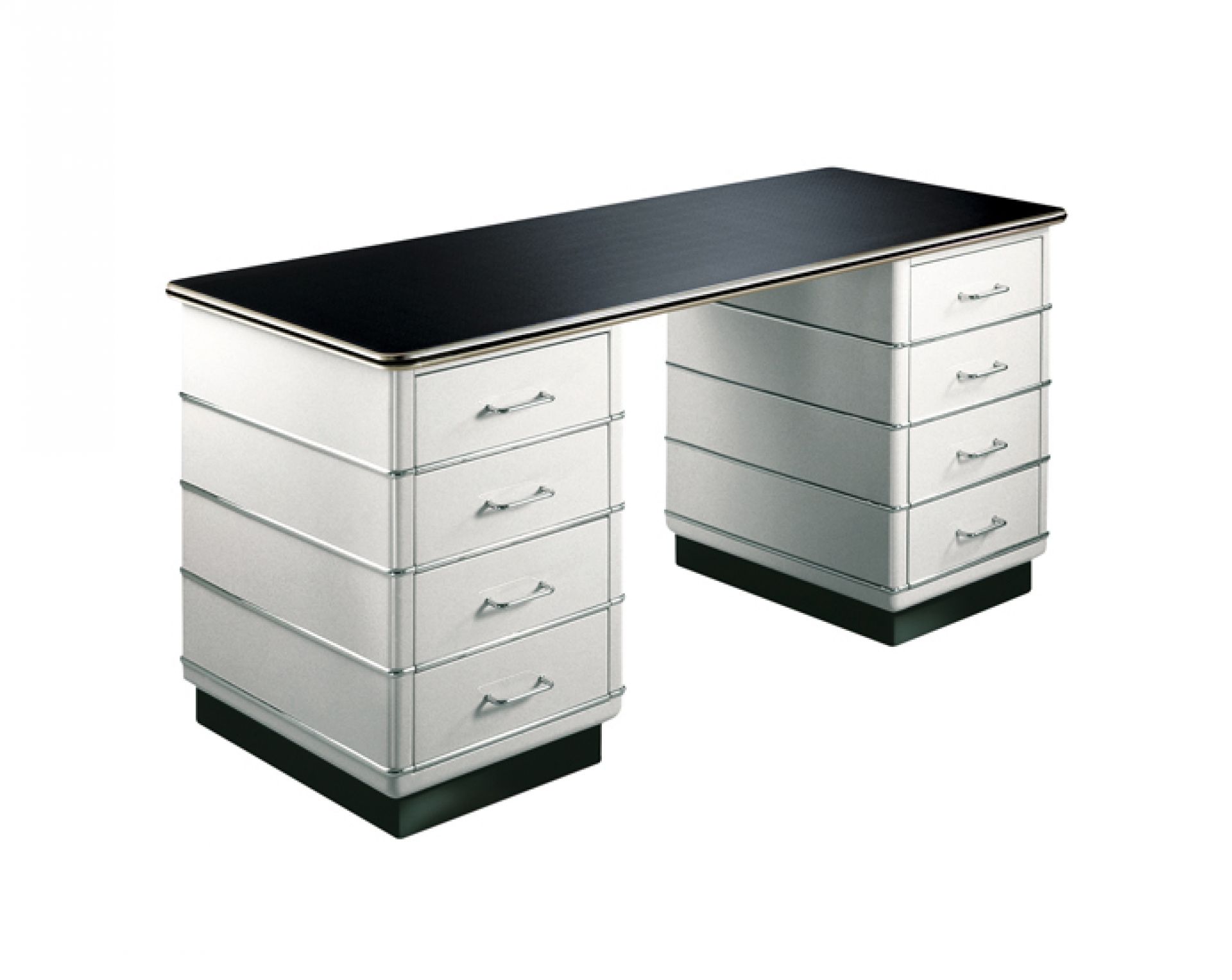 TB229 Classic Line Schreibtisch von Müller Möbelfabrikation mit schwarzer Tischplatte und weißen Schubladen.