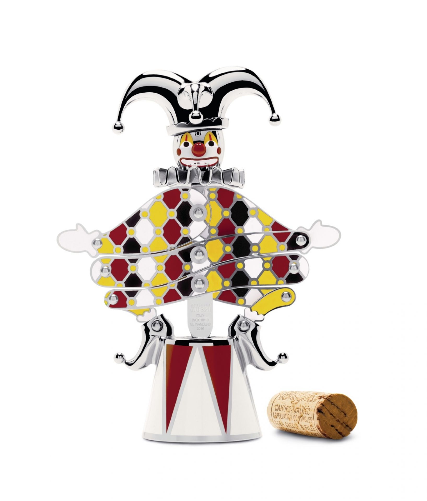 Alessi Circus The Jester Korkenzieher, limitierte Edition. Verspielter Flaschenöffner in Form eines bunten Clowns.