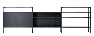 Schwarzes Hirche DHS 10 Sideboard von Richard Lampert mit Schranktüren und offenen Regalen.