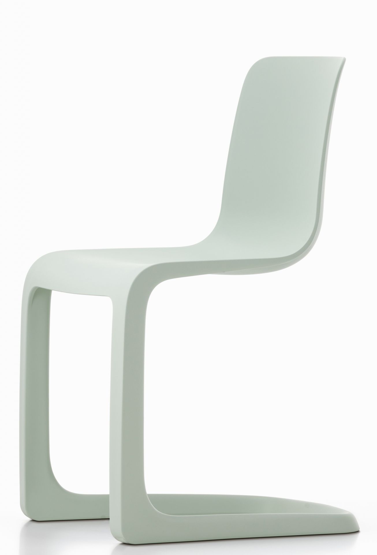 Heller, moderner Evo-C Stuhl von Vitra, ein Freischwinger aus Kunststoff, Seitenansicht. Designstuhl für Esszimmer und Büro.