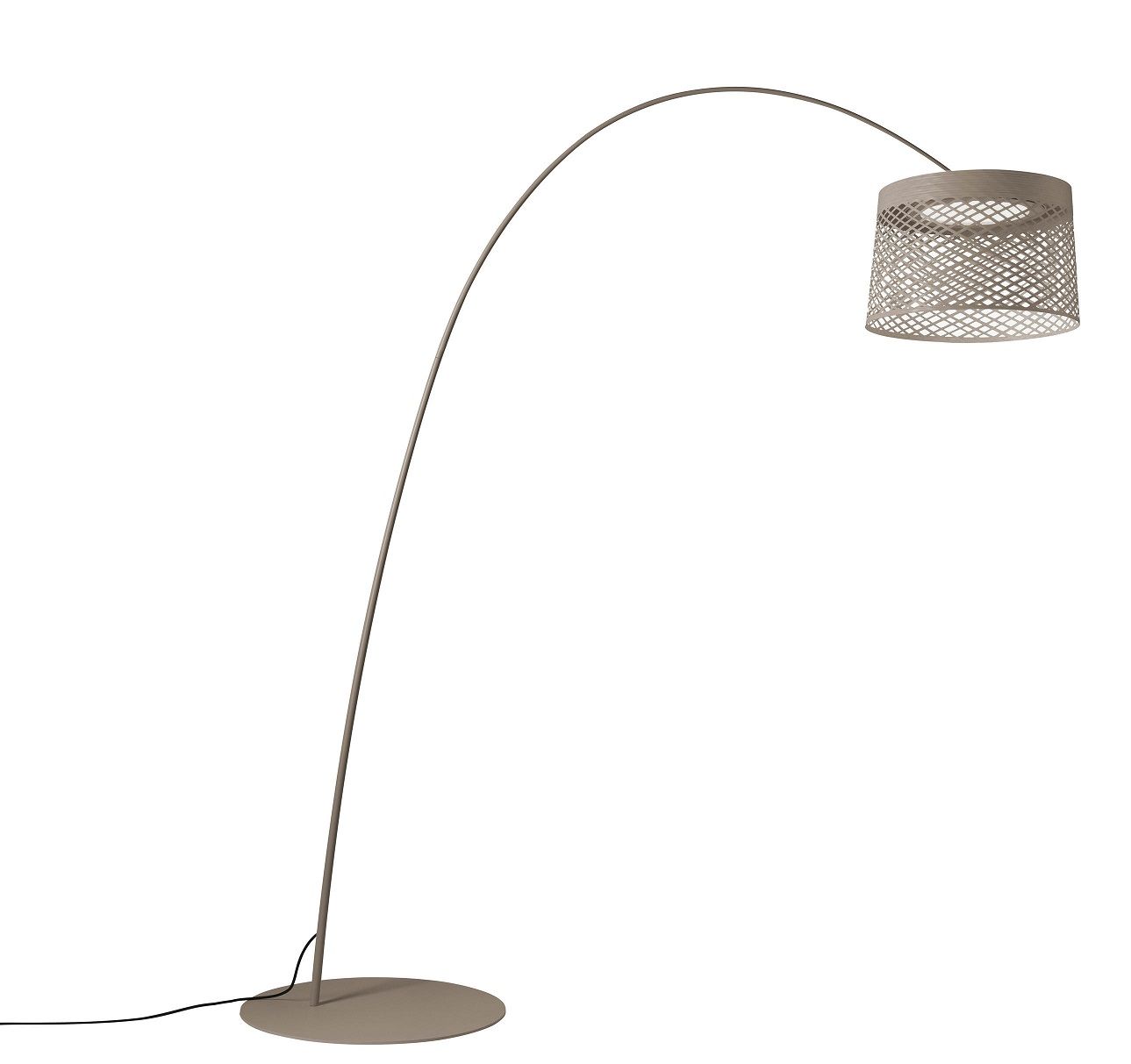 Twiggy Grid Stehleuchte von Foscarini in Greige: Moderne Bogenlampe mit filigranem Lampenschirm für stilvolle Beleuchtung.