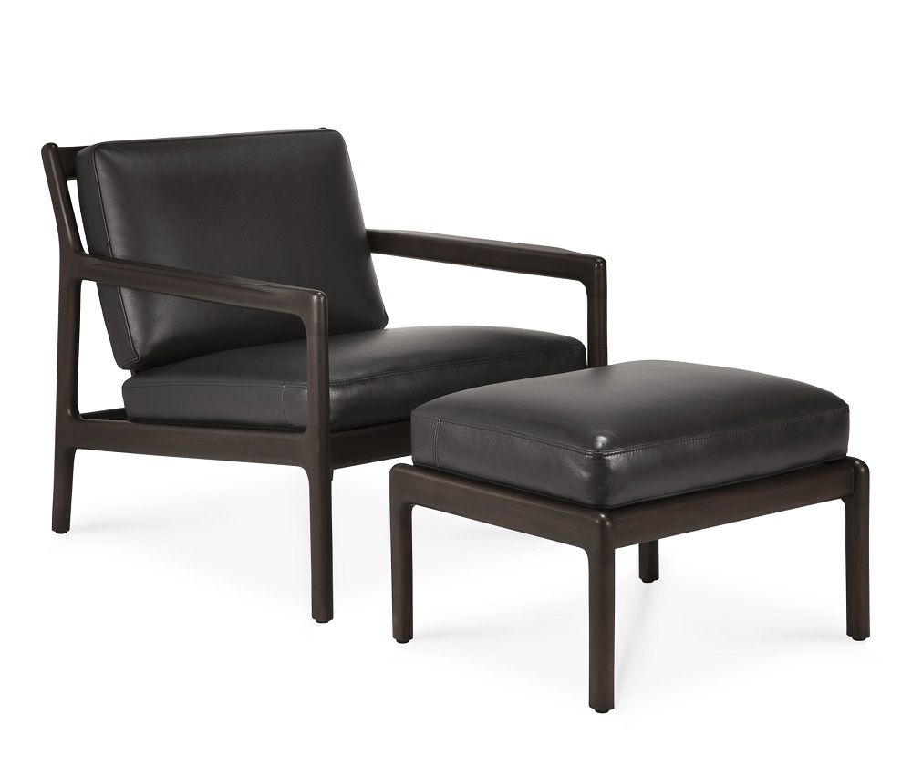 Ethnicraft Jack Fußhocker aus Mahagoni mit schwarzem Leder, moderner Hocker für Wohnzimmer.