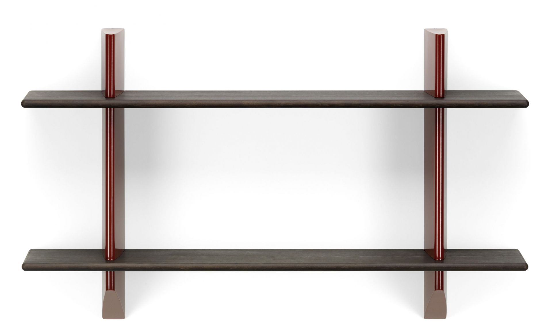 Wandregal aus dunkler Eiche mit japanisch roter Halterung, modernes Design für Wohnzimmer und Büro.