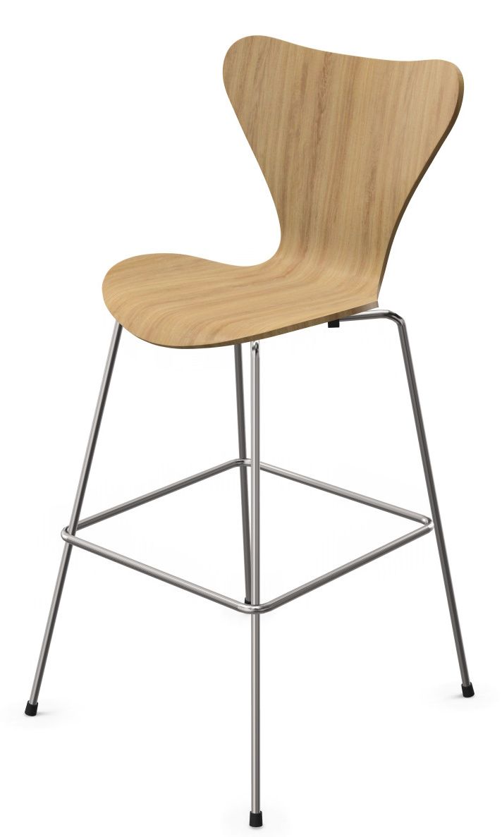 Siebener Barhocker mit Eichenholz Sitzfläche und Chrom Gestell von Fritz Hansen. Design Barstuhl.
