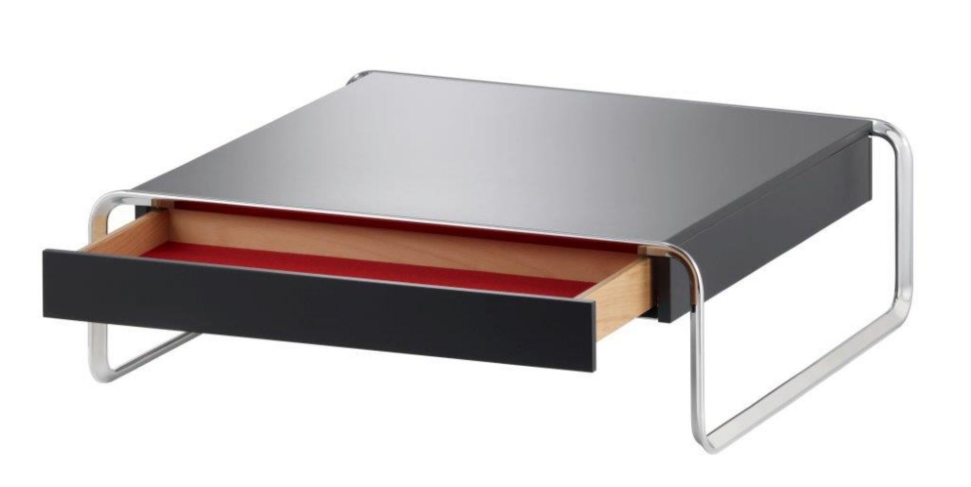 K1AS Couchtisch von Tecta mit offener Schublade, rotem Filz und Stahlrohrgestell.