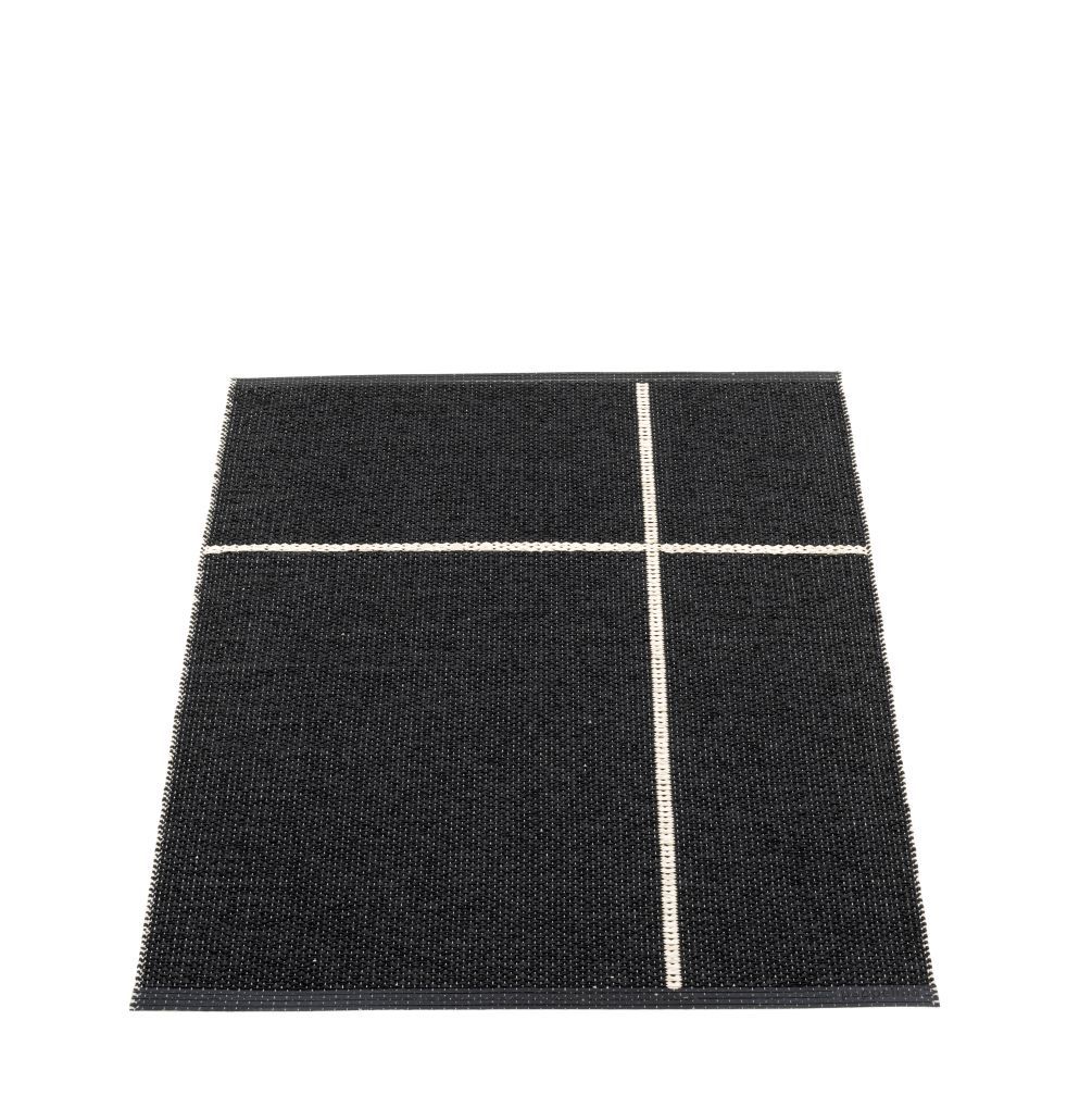 Schwarzer Pappelina Teppich "Fred" 70x90cm mit weißem Kreuzmuster, ideal als Küchenteppich oder Badteppich.