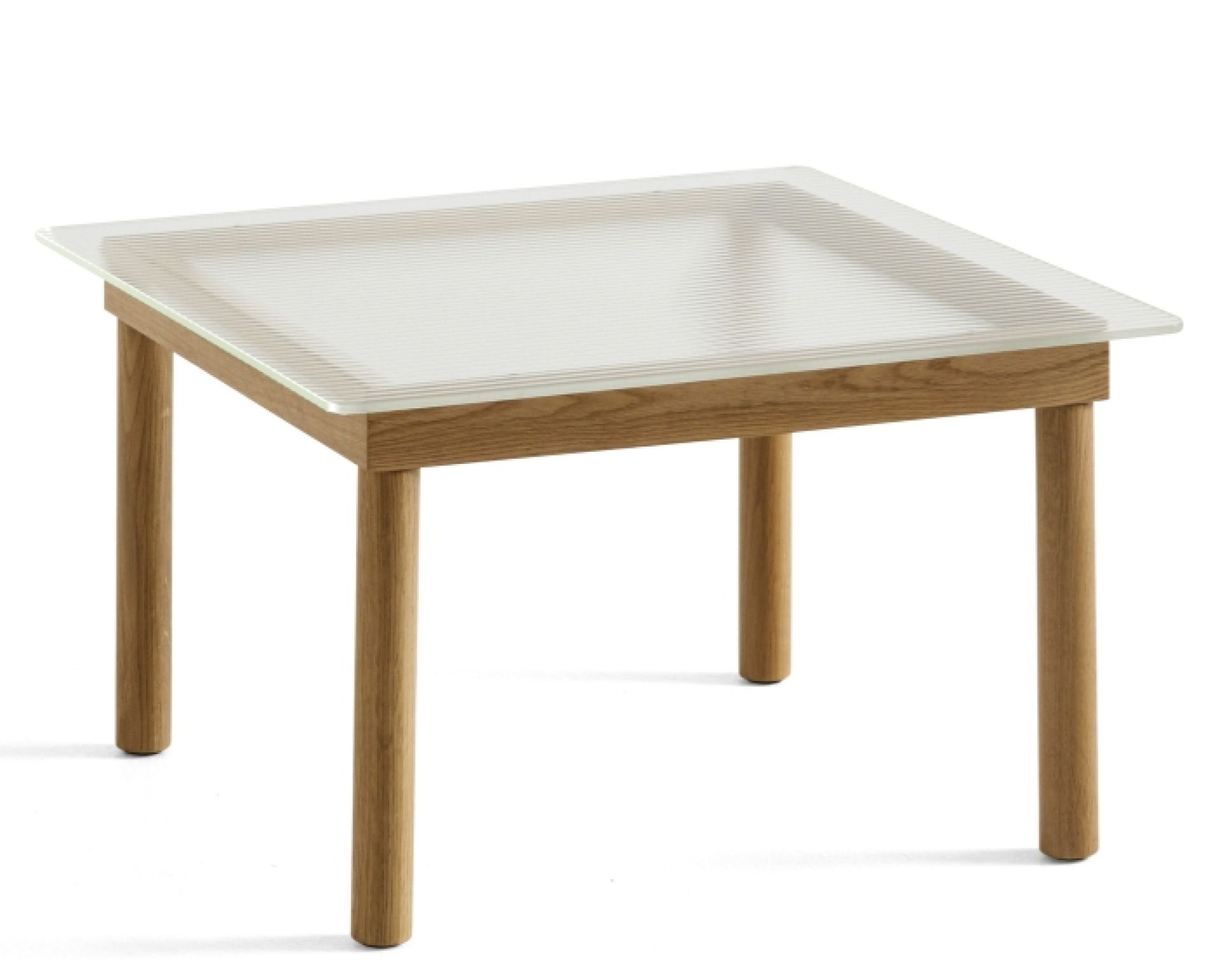 Kofi Couchtisch von Hay, quadratisch, Eiche massiv mit geriffeltem Klarglas, modernes Design.