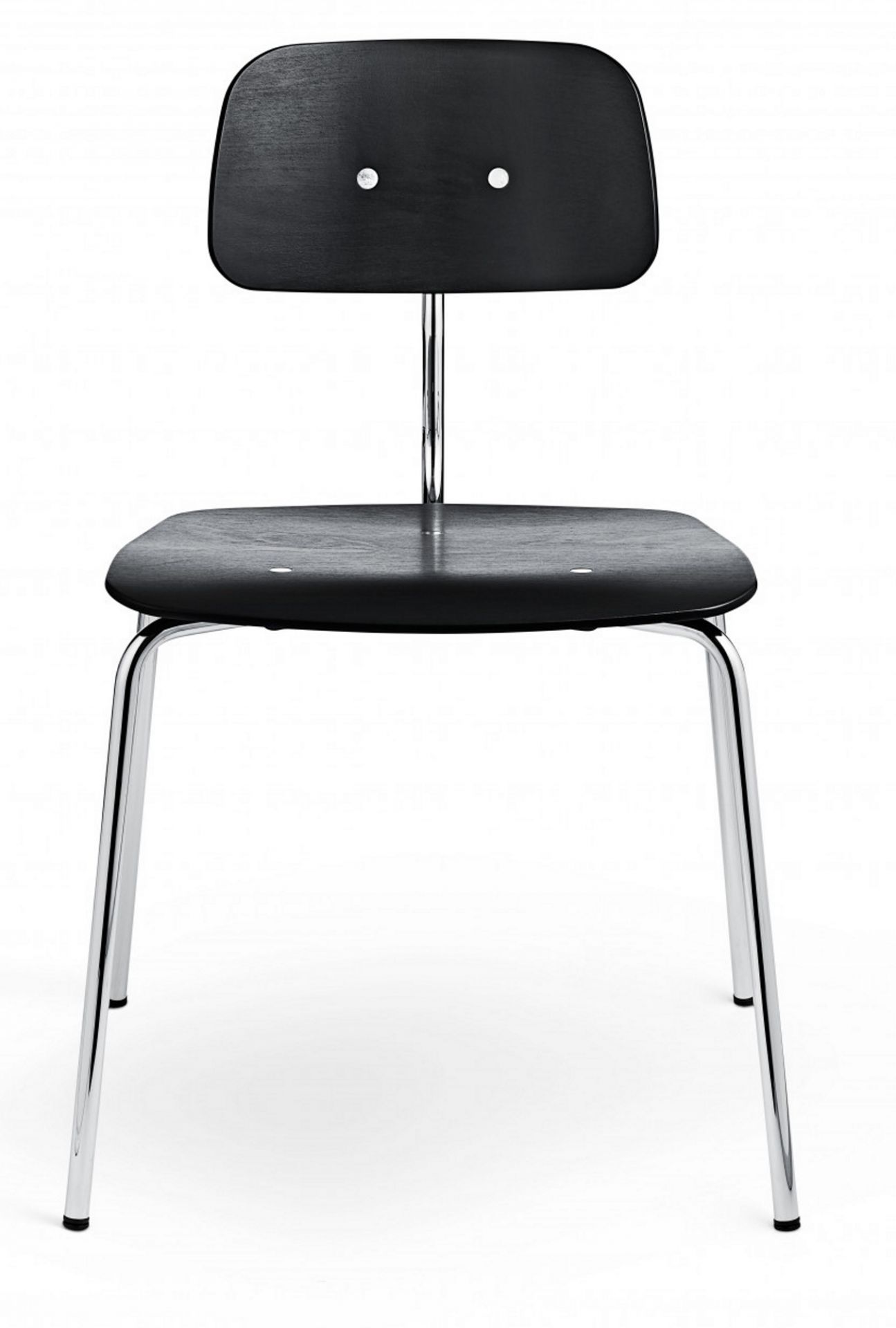 Kevi Stuhl mit schwarzer Sitzfläche und Rückenlehne, verchromtes Gestell, Bürostuhl Design.