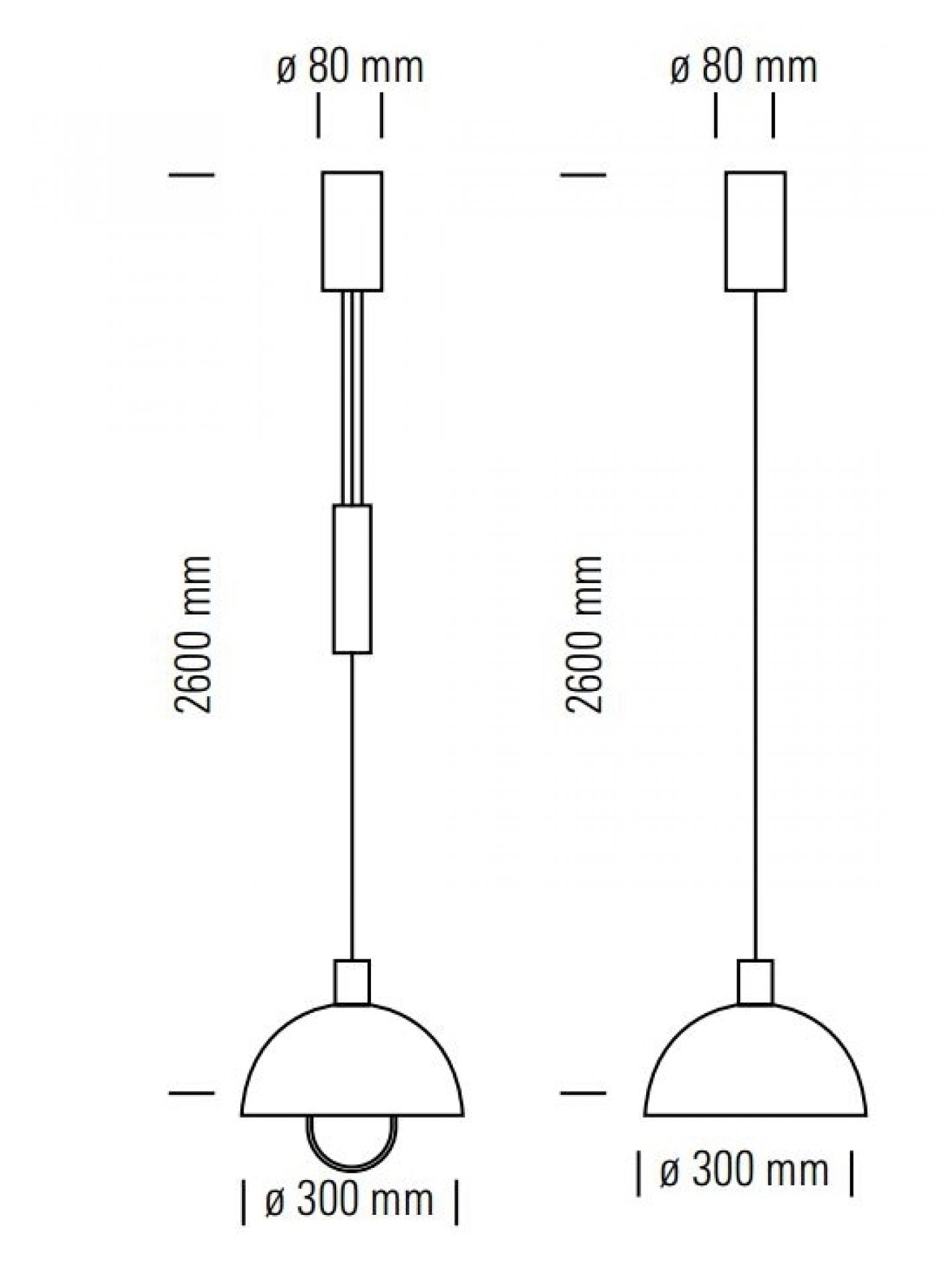 Skizze der Bauhaus Pendelleuchte Tecnolumen HMB 25/300 mit Maßangaben für E-Commerce.