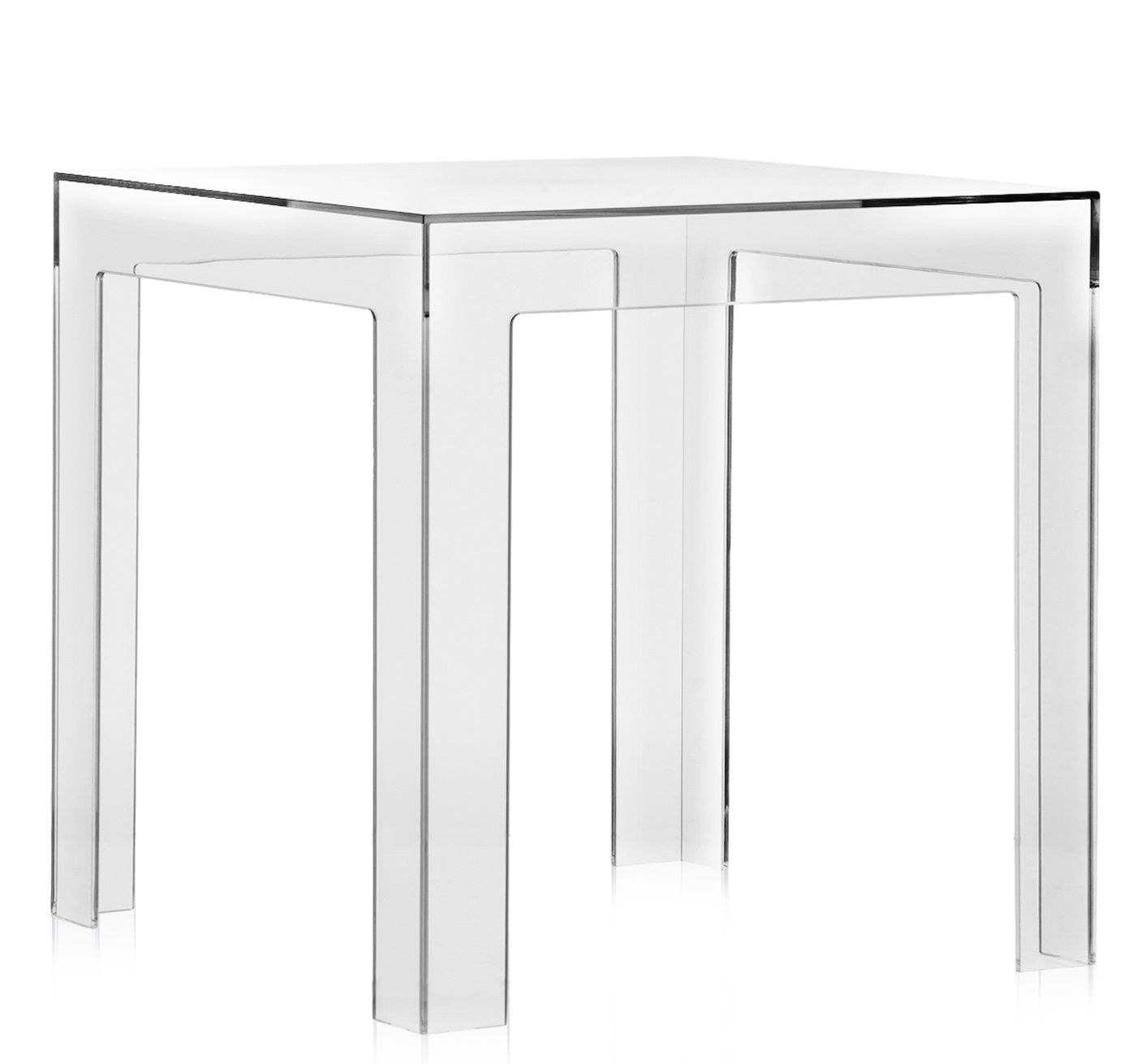 Klarer, quadratischer Jolly Beistelltisch von Kartell aus transparentem Kunststoff. Moderner Design Tisch für Wohnzimmer und mehr.