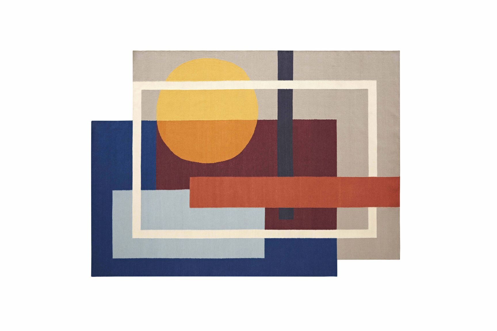 Zoe Sool Teppich von Gan mit abstraktem geometrischen Muster in Blau, Gelb, Rot und Grau.