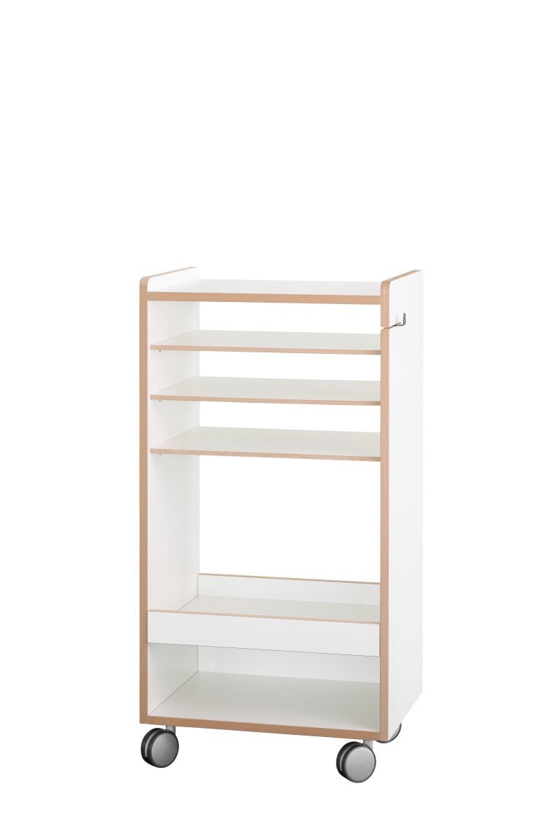 Tojo-fahrbar Rollwagen: Weißer, fahrbarer Küchenwagen mit mehreren Regalböden und Rollen für flexible Aufbewahrung.