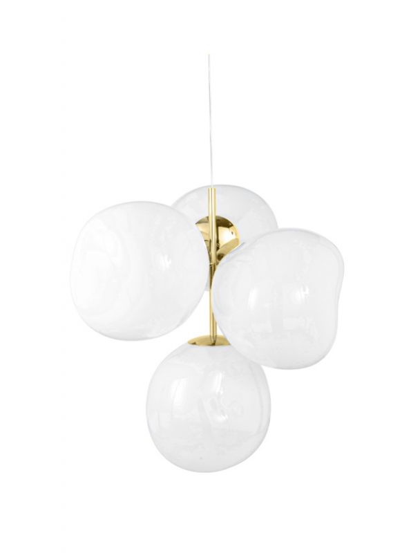 Nahaufnahme der Tom Dixon Melt Pendelleuchte in Gold mit weißen Kugeln.