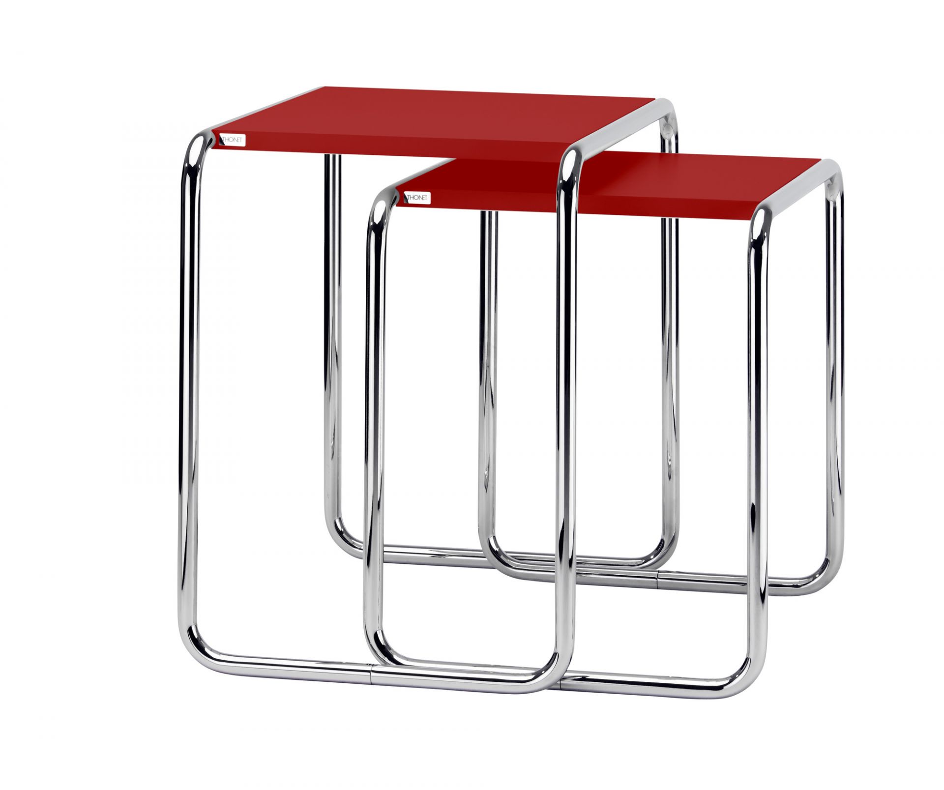 Set B 9 a+b Thonet Beistelltische, rot lackiert, mit verchromtem Stahlrohrgestell, Bauhaus Design.