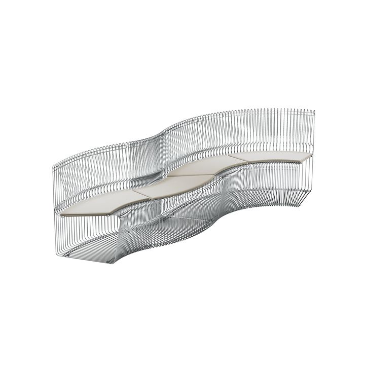 Pantonova System Sitzmodul: Geschwungene Drahtstruktur mit weißen Sitzflächen, modernes Design für Wohnräume und Büros.