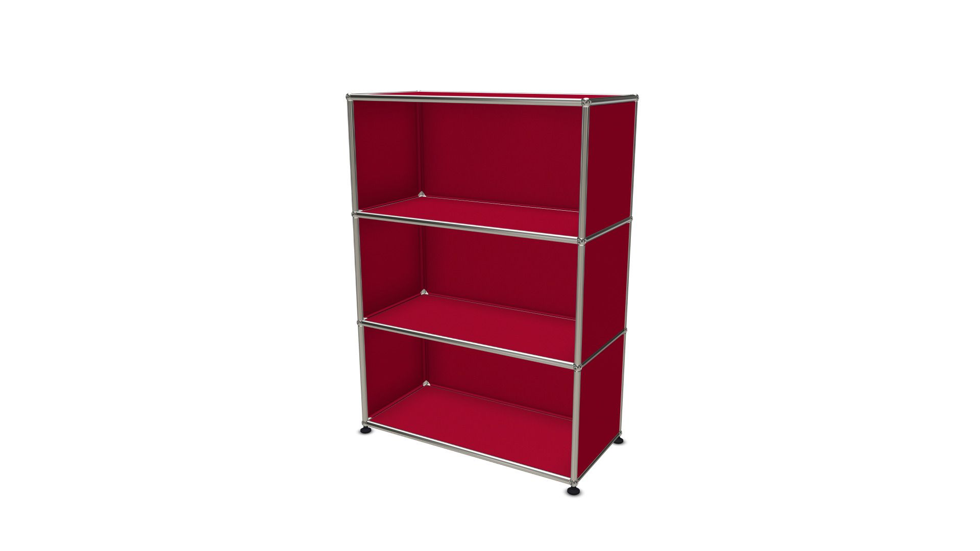 Rotes USM Haller Highboard mit drei offenen Fächern und verchromtem Gestell.