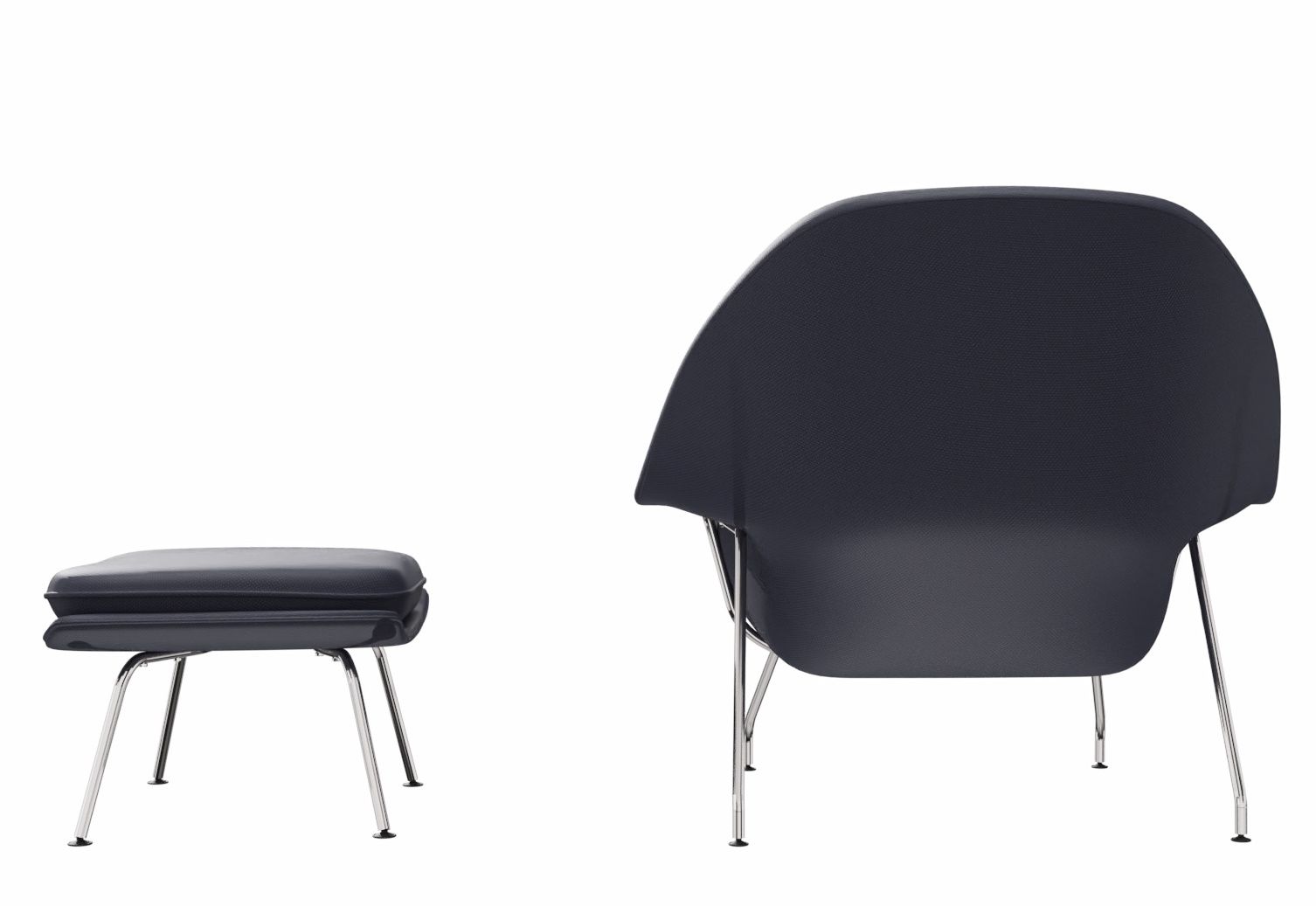 Dunkelgrauer Womb Sessel mit Hocker von Knoll International, Rückansicht, Chromgestell. Designklassiker für Wohnzimmer und Lounge.