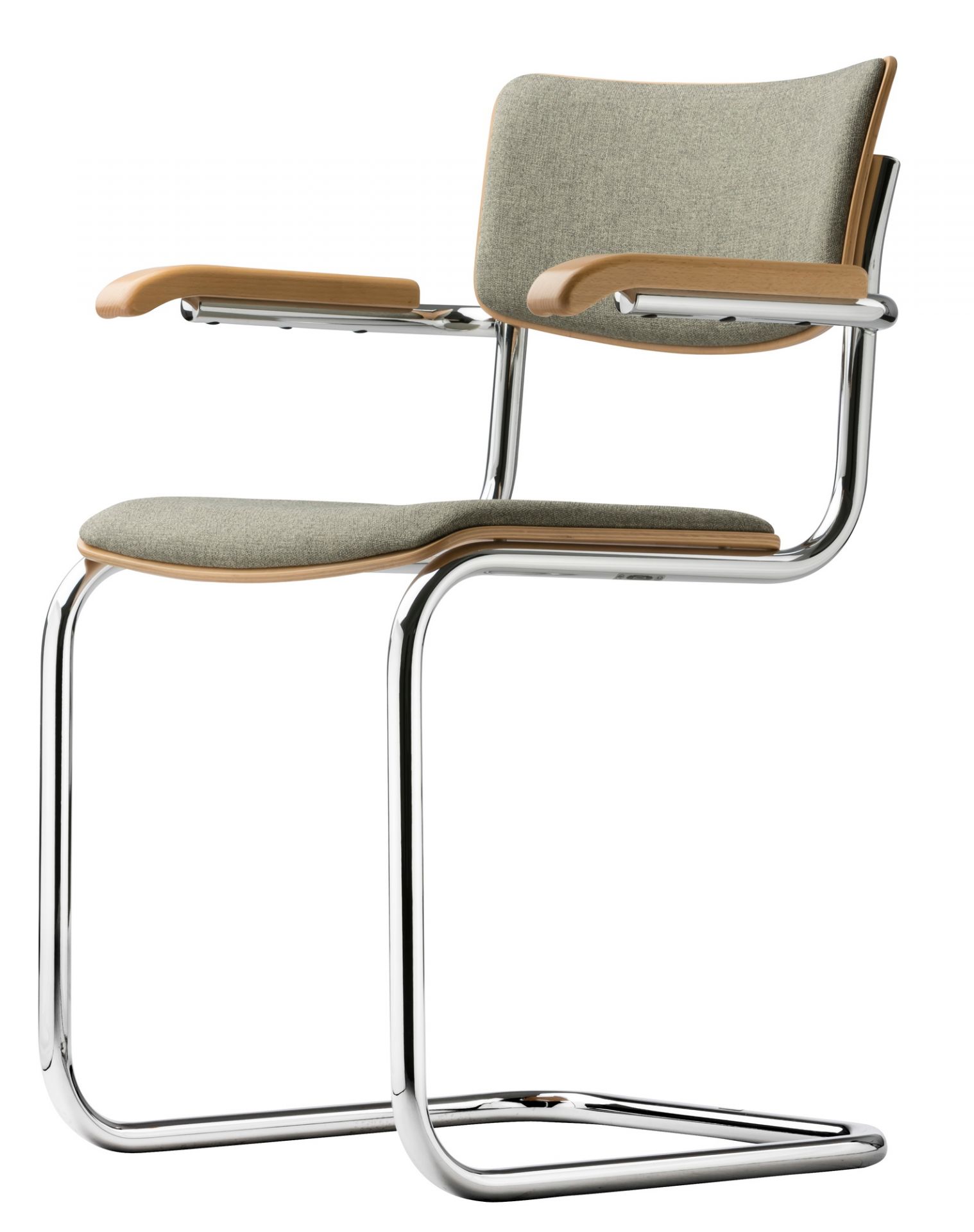 S 43 Freischwinger Stuhl von Thonet mit Stahlrohrgestell, Holzarmlehnen und grauem Stoffbezug. Klassisches Design.
