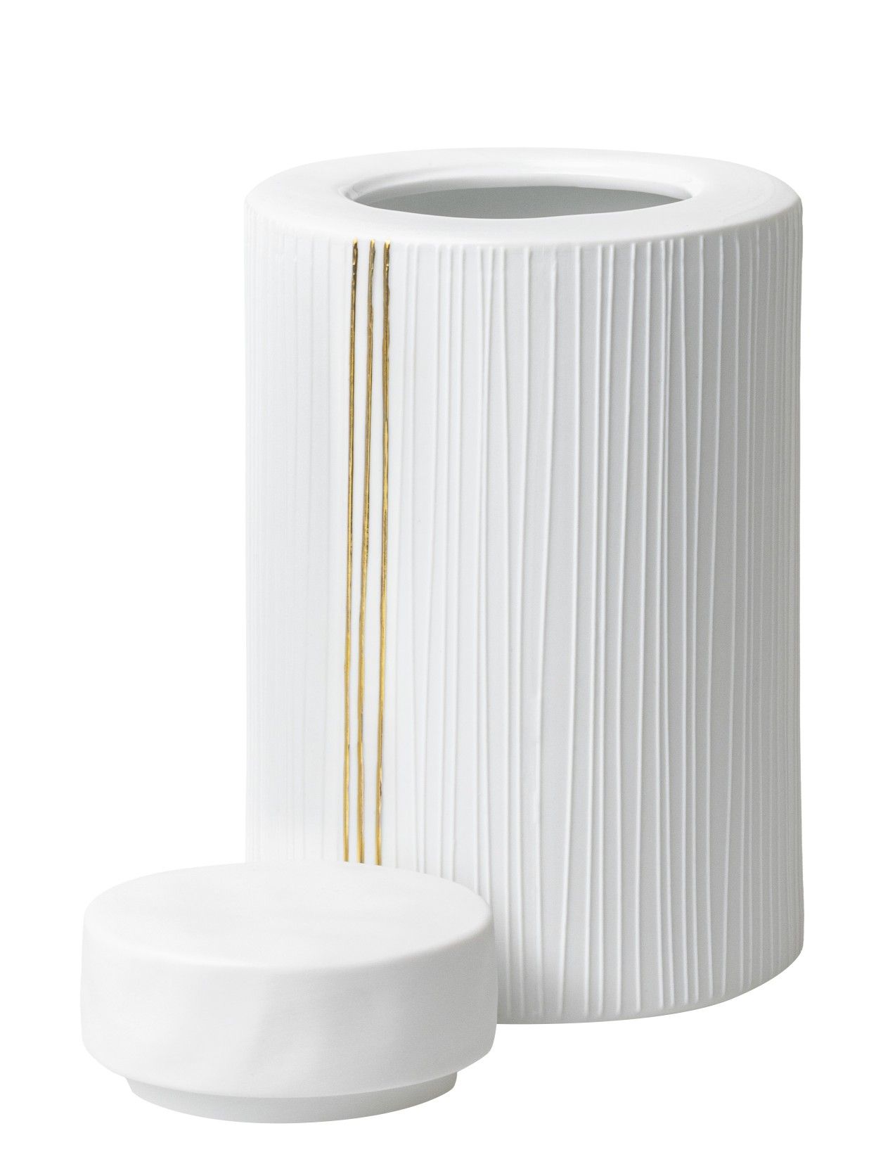 Weiße Porzellandose mit Streifen und Deckel, Räder Design, zur Aufbewahrung und Dekoration.