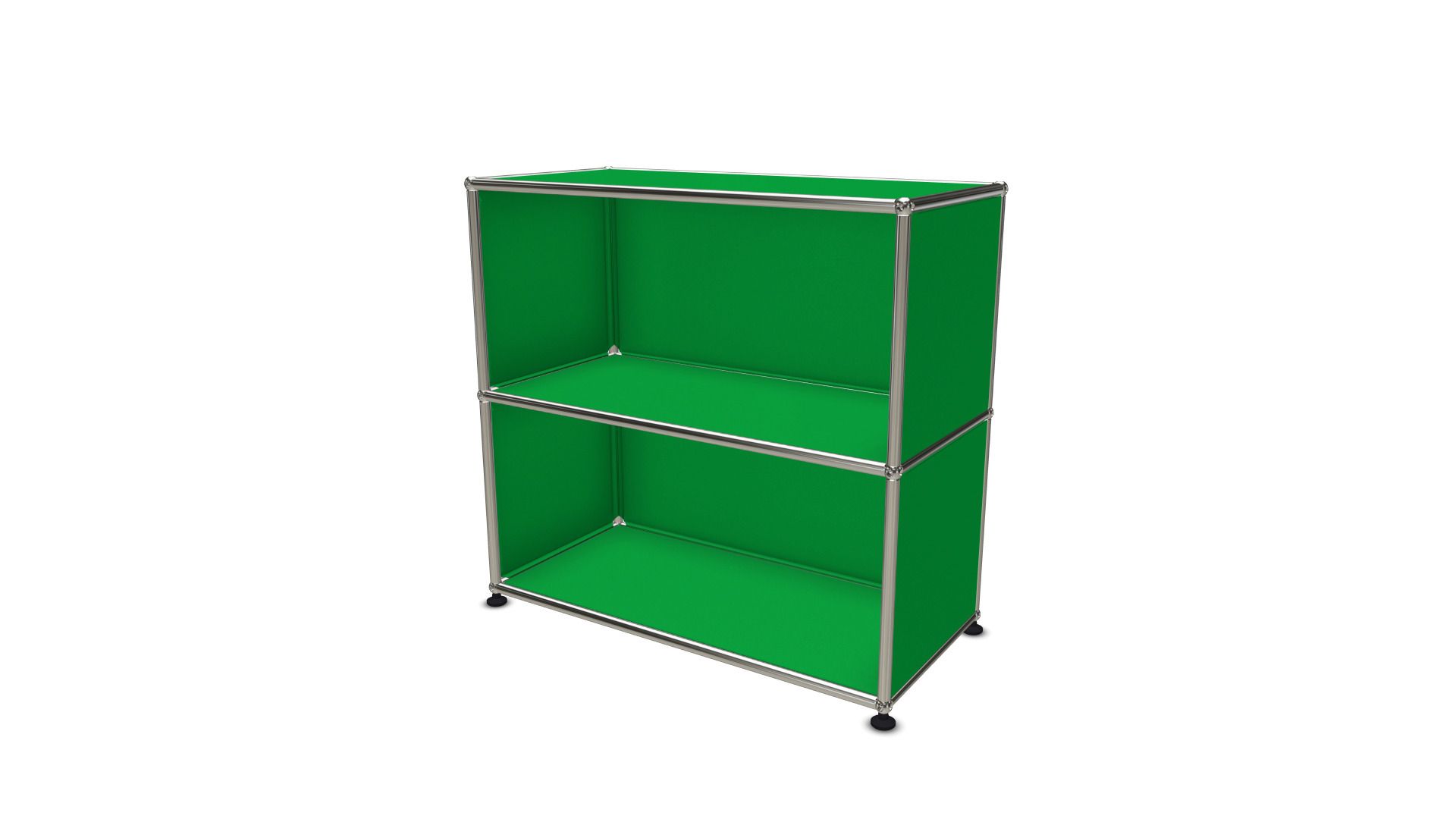 USM Haller Regal in Grün, ein offenes Sideboard mit zwei Fächern und Chromgestell.