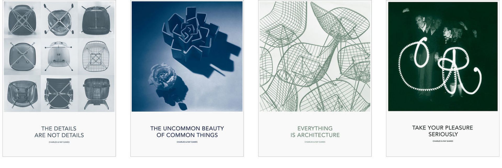 Eames Quotes Posters: Collage mit vier Kunstdrucken, Designklassiker von Vitra, EINZELSTÜCK für Wanddekoration.