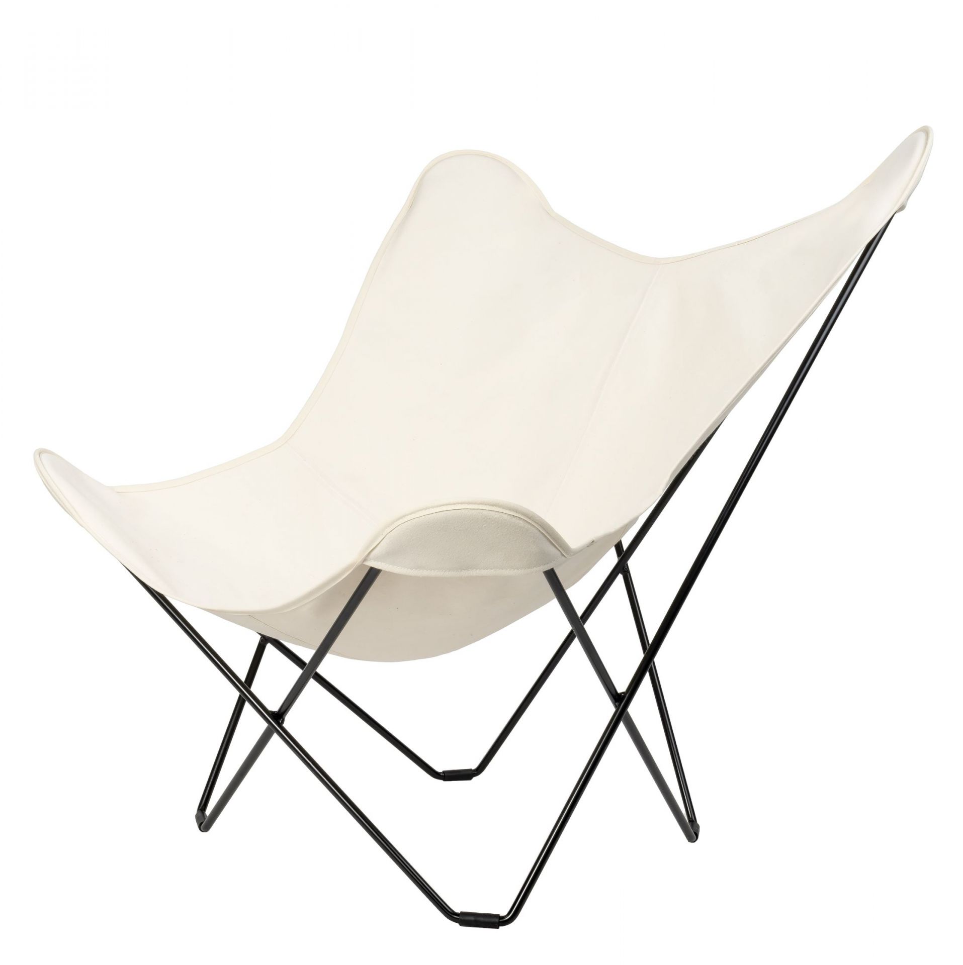 Weißer Mariposa Butterfly Chair Sessel mit schwarzem Metallgestell, ideal für Wohnzimmer und Entspannung.