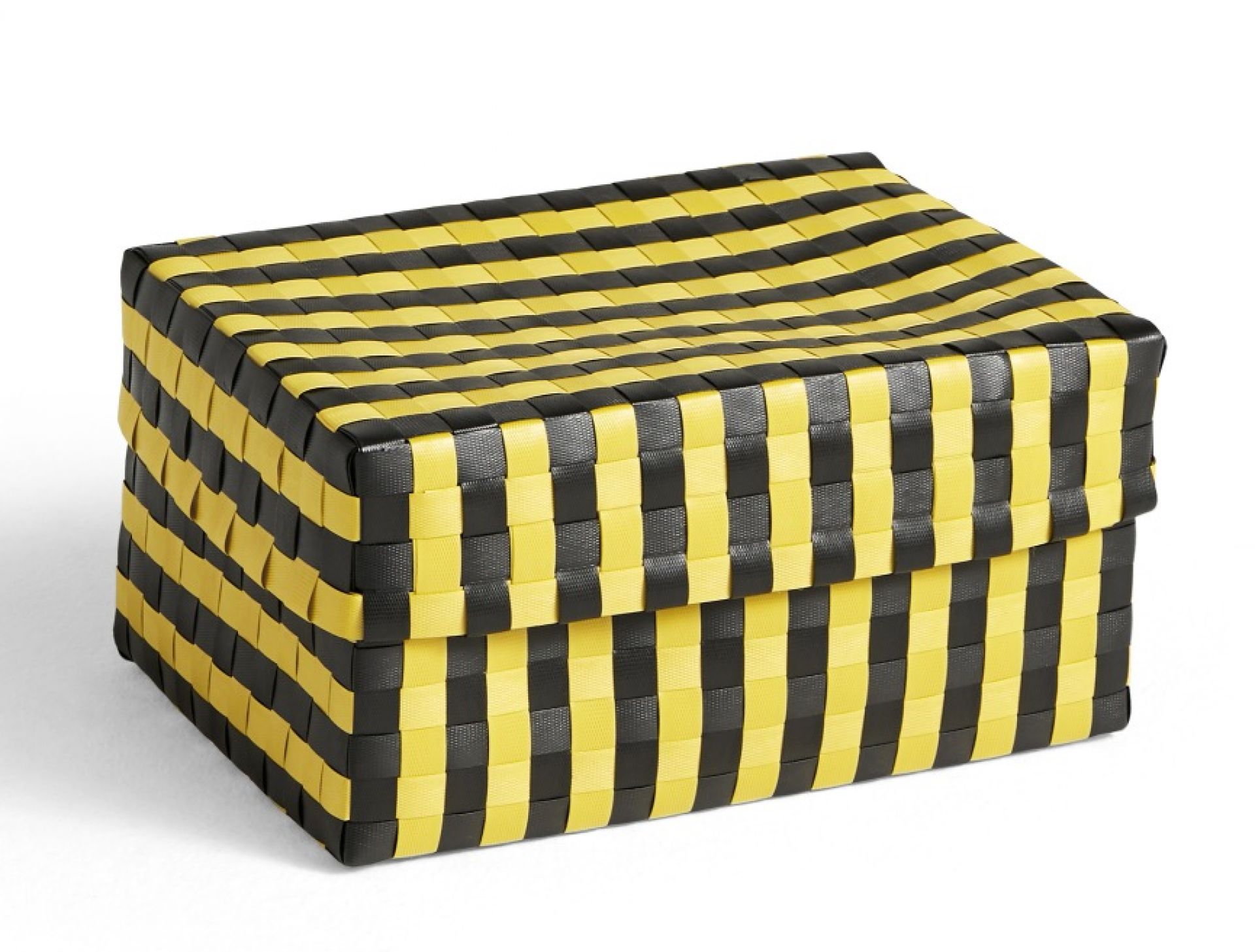 Gelb-schwarze Hay Aufbewahrungsbox "Maxim Stripe Box" mit Deckel, geflochten, zur Aufbewahrung.