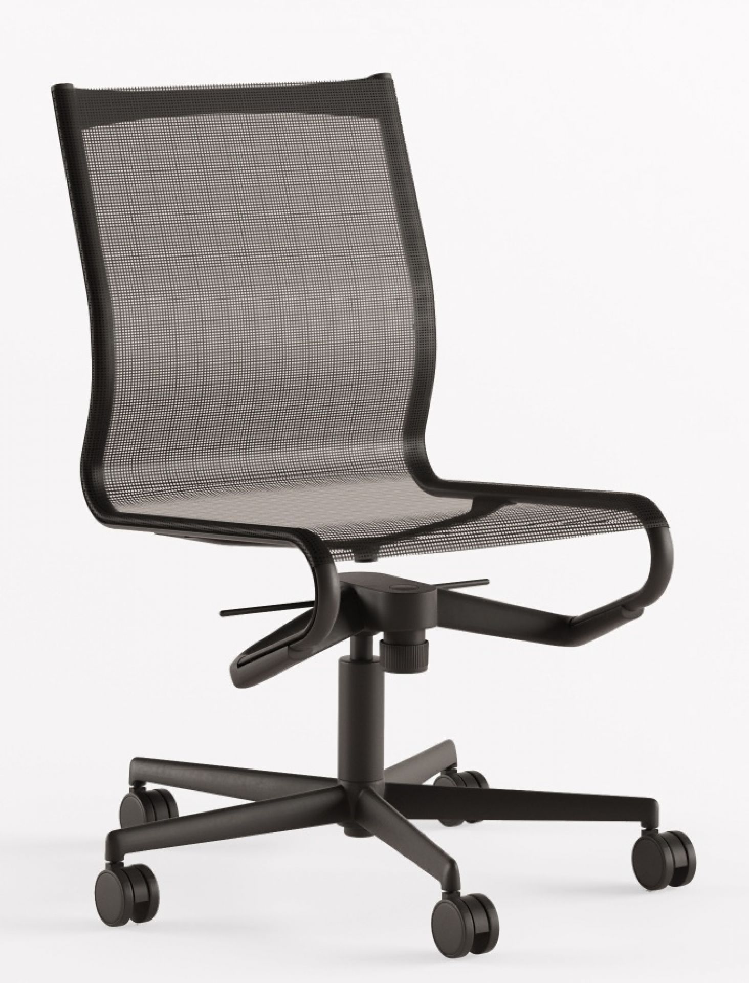 Schwarzer Rollingframe Drehstuhl mit Netzstoff-Sitzfläche und Rückenlehne, ideal für Büro und Homeoffice.